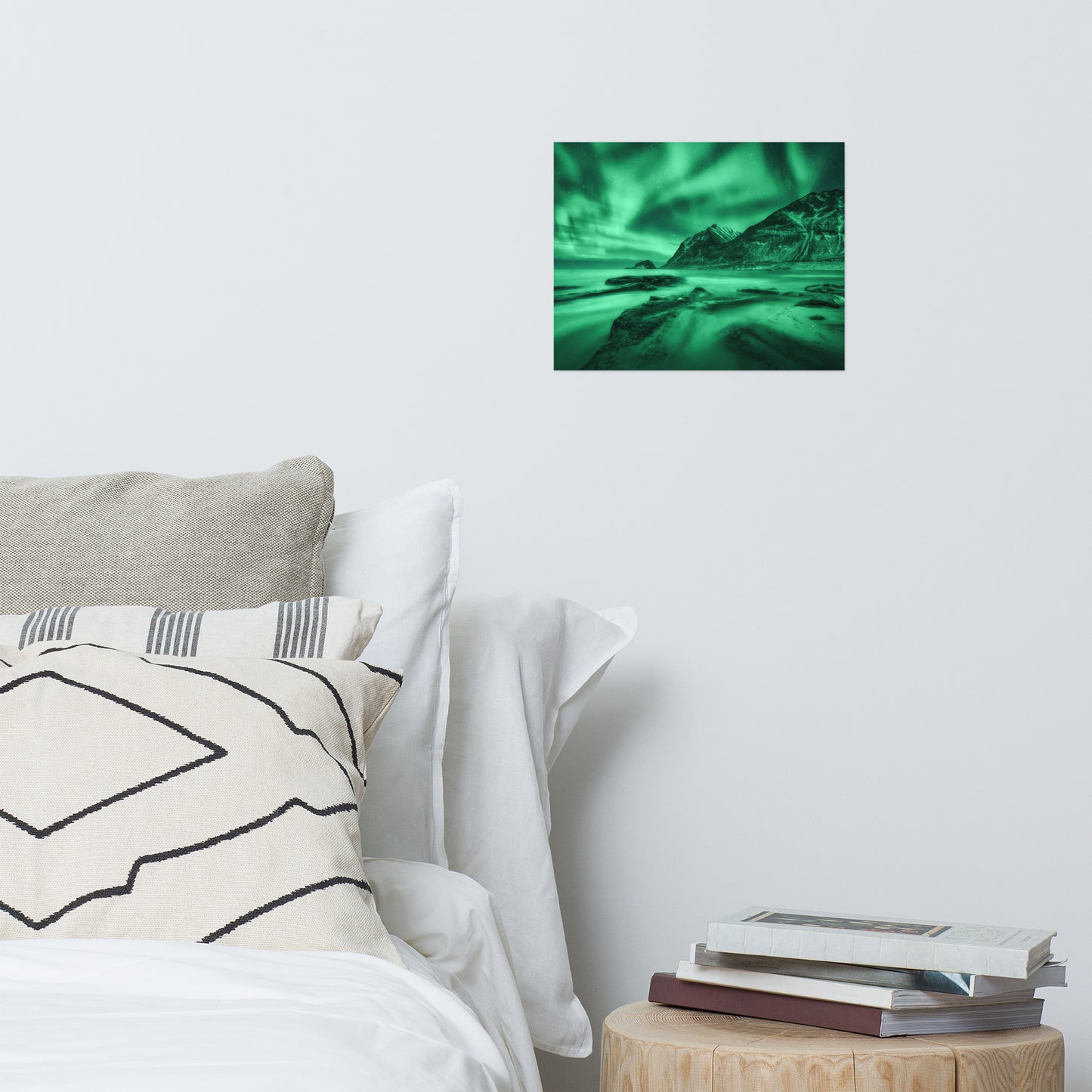 Green Northern Lights and Mountain Coast Landscape Photo Loose Wall Art Prints