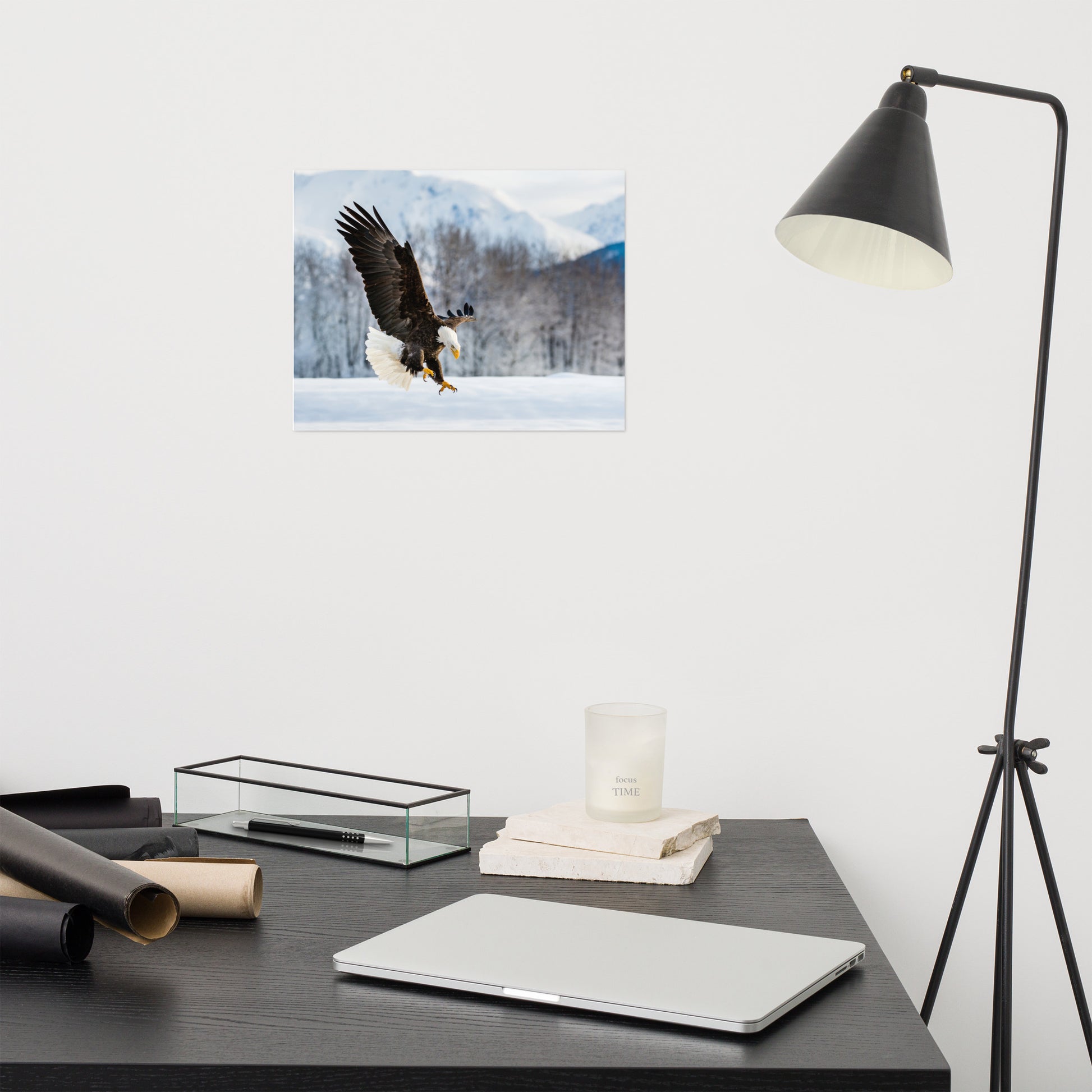 wild art prints, Adult Bald Eagle and Alaskan Winter Landscape Animal artwork print