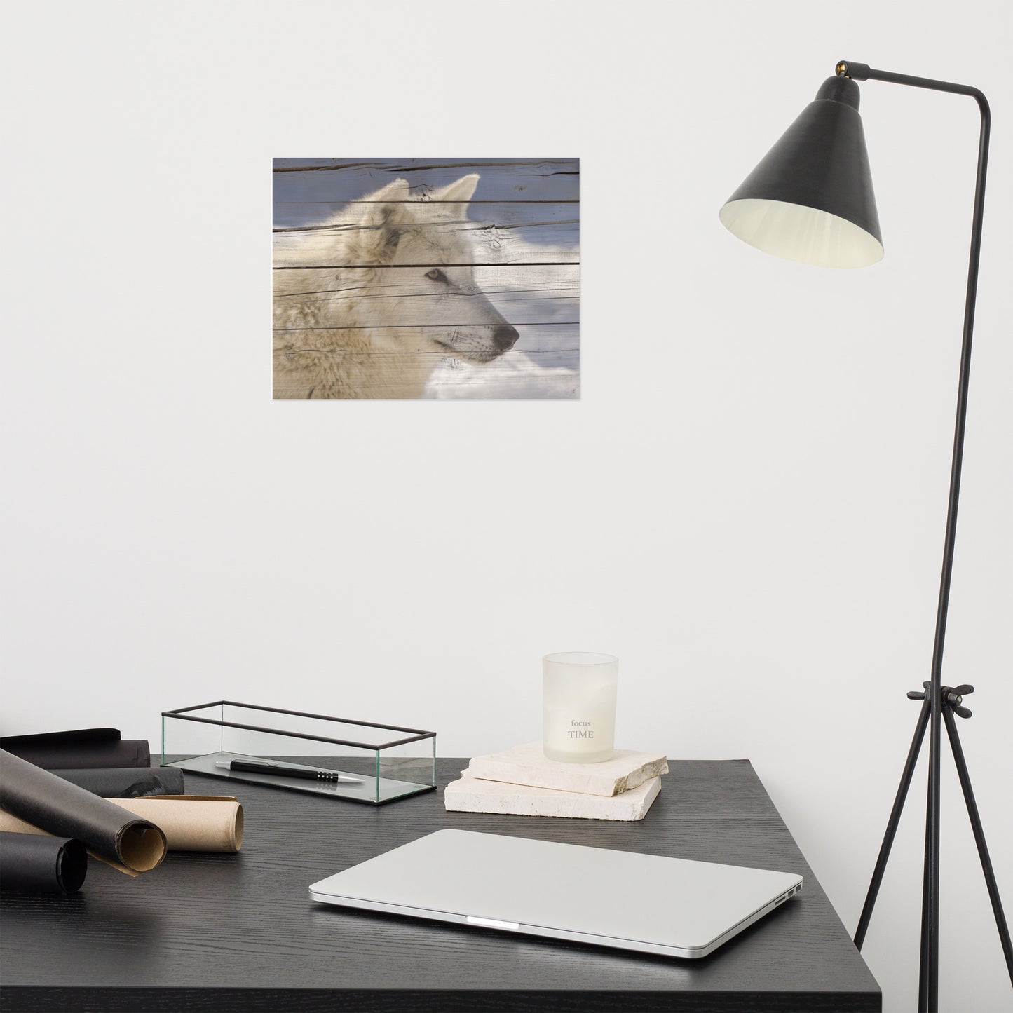 Farmhouse Office Wall Art: Aries the White Wolf Portrait on Faux Weathered Wood Texture - Farmhouse / Country Style / Modern Wildlife / Animal Photographic Artwork