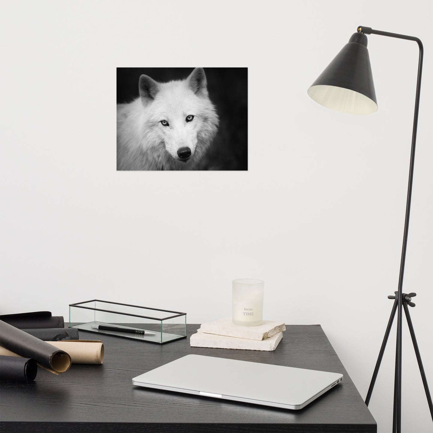 Black and White Portrait of White Wolf In The Forest Loose Wall Art Print