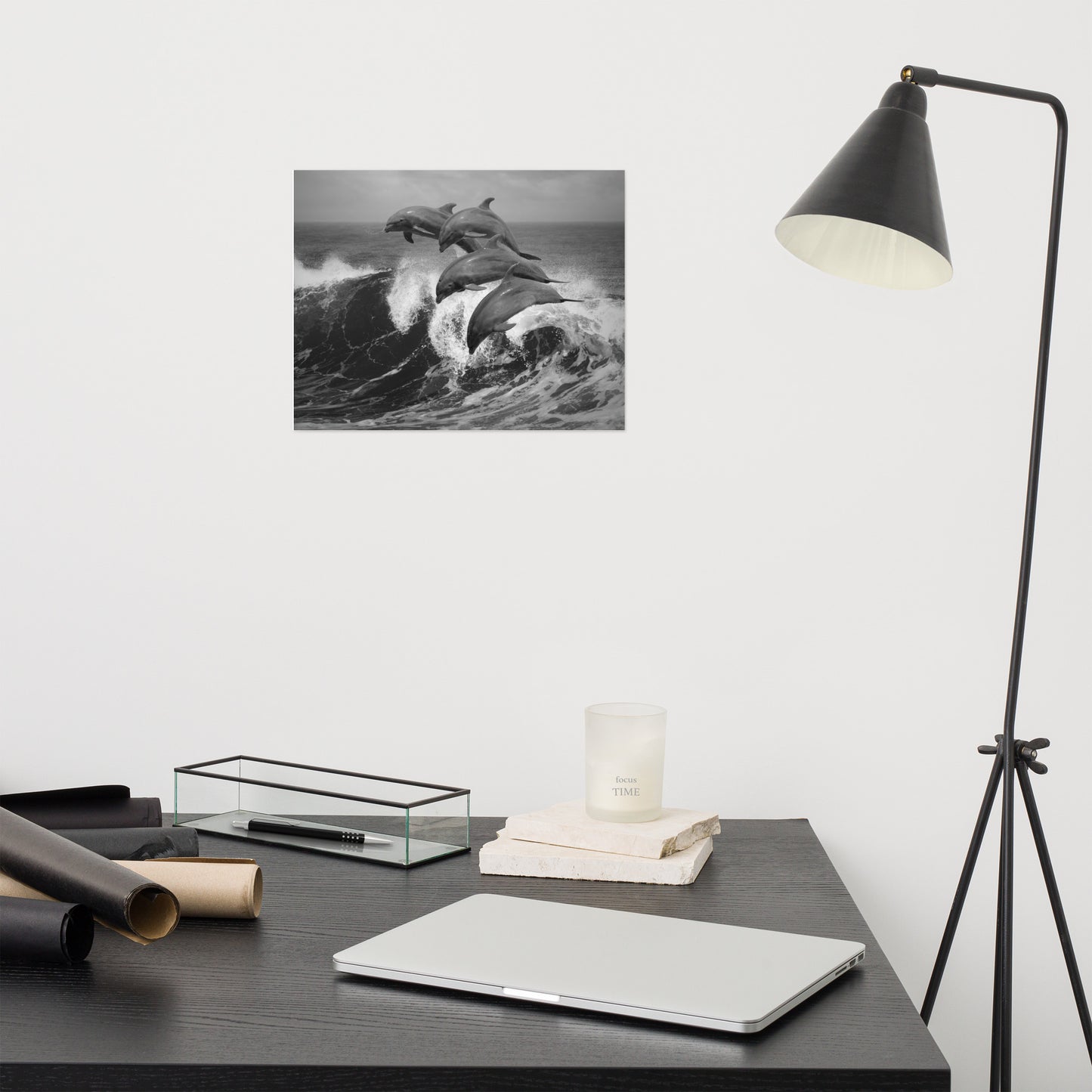 Four Bottle Noise Dolphins Jumping Waves In Tropical Ocean Black and White Animal Wildlife Photograph Loose Wall Art Print