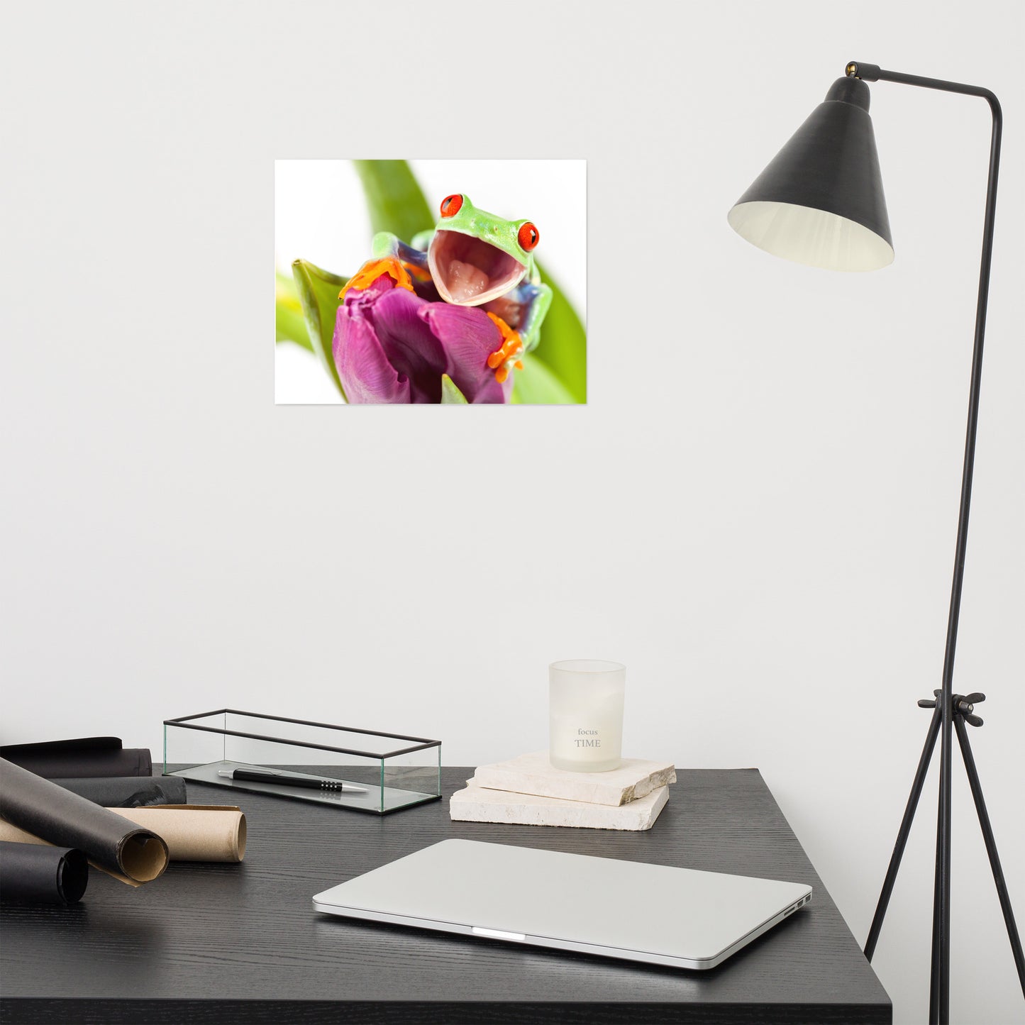 Happy Red Eyed Tree Frog Sitting on Purple Tulip Flower Bloom Wildlife Nature Photo Loose Wall Art Print