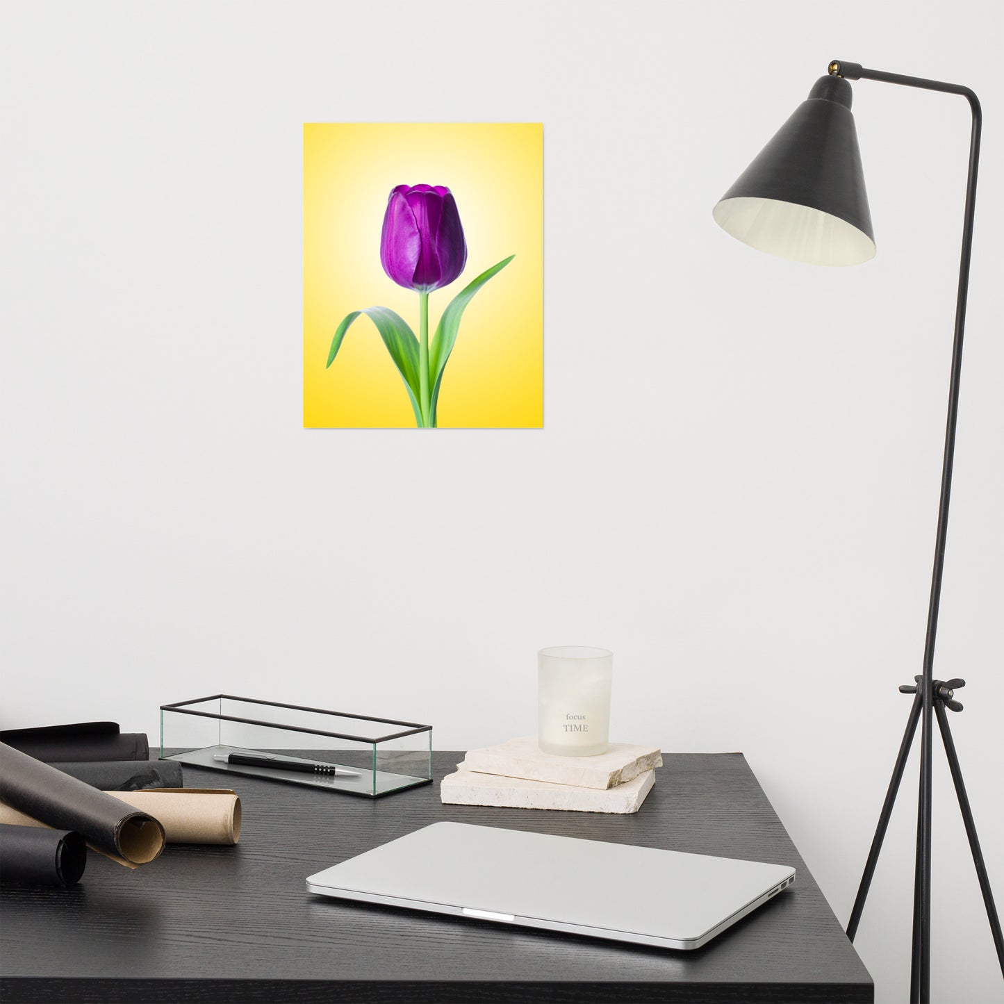 Purple Tulip on Yellow Minimal Floral Nature Photo Loose Wall Art Print