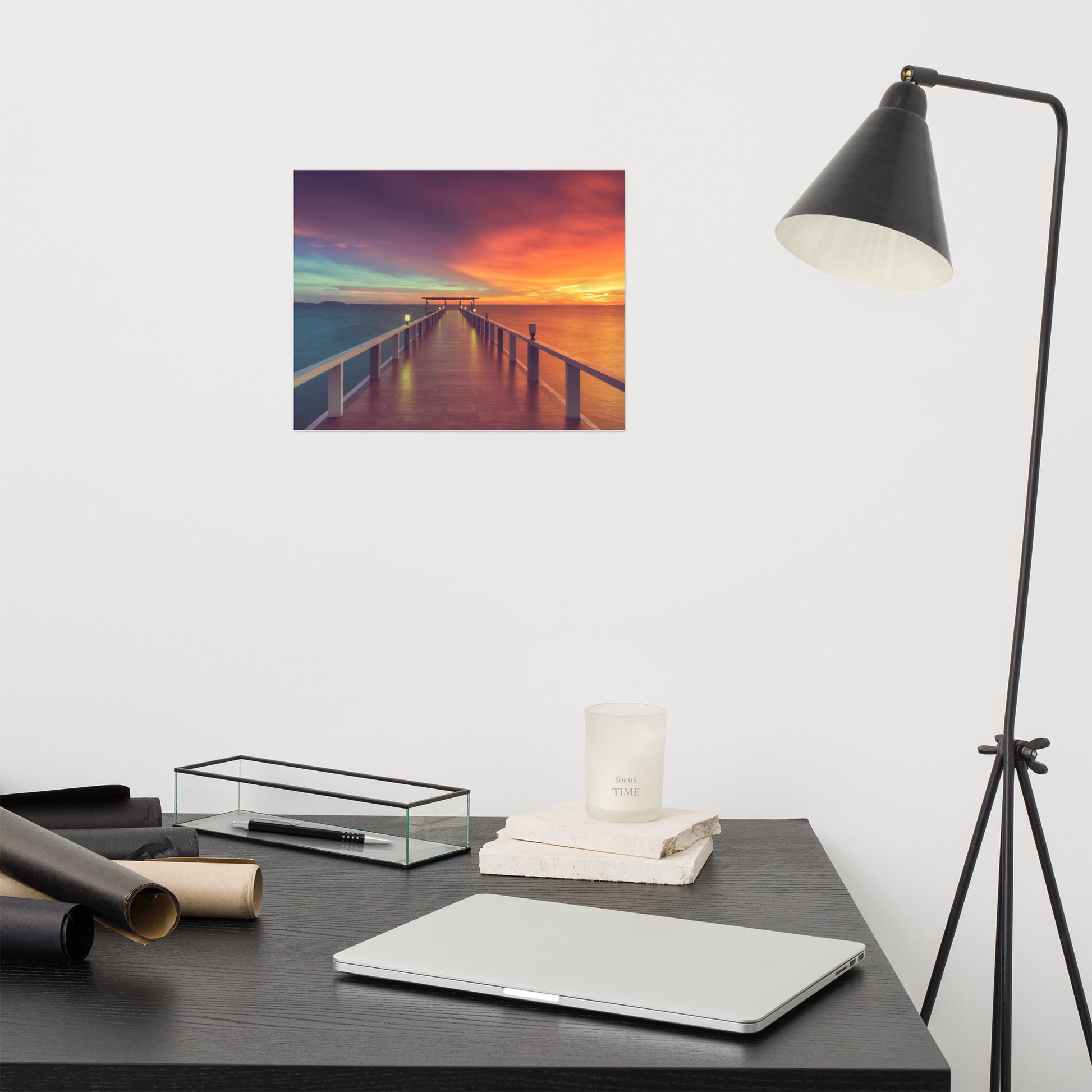 Colorful Office Wall Art: Surreal Wooden Pier At Sunset with Intrigued Effect Landscape Photo Loose Wall Art Prints