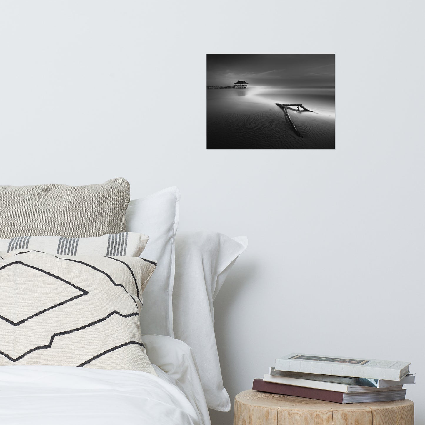 Dramatic Beach with Driftwood Black and White Coastal Landscape Photo Loose Wall Art Prints