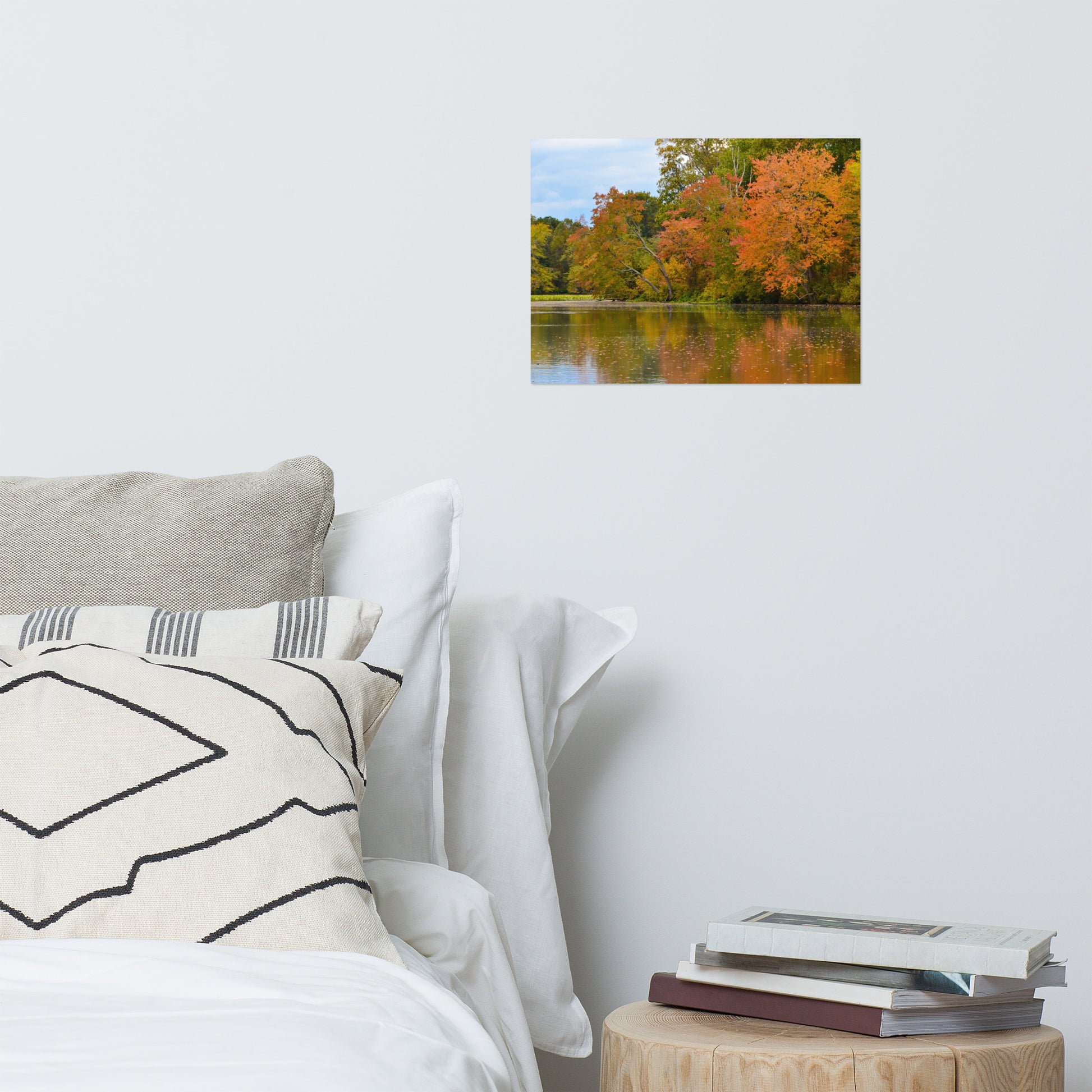 Art Above A Bed: Colorful Trees in Fall Color Edge of Pond - Rural / Country Style Landscape / Nature Loose / Unframed / Frameless / Frameable Photograph Wall Art Print - Artwork