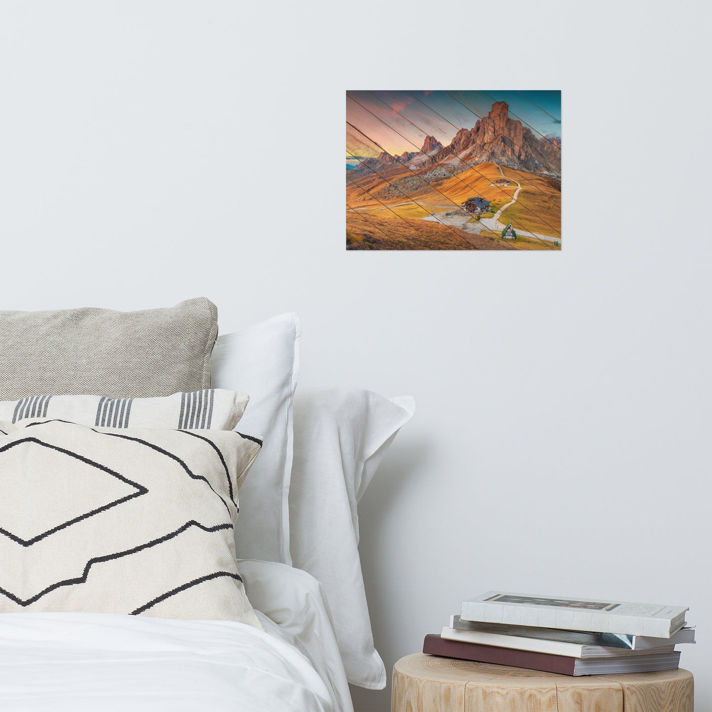Faux Wood Majestic Sunset and Alpine Mountain Pass Landscape Photo Loose Wall Art Prints