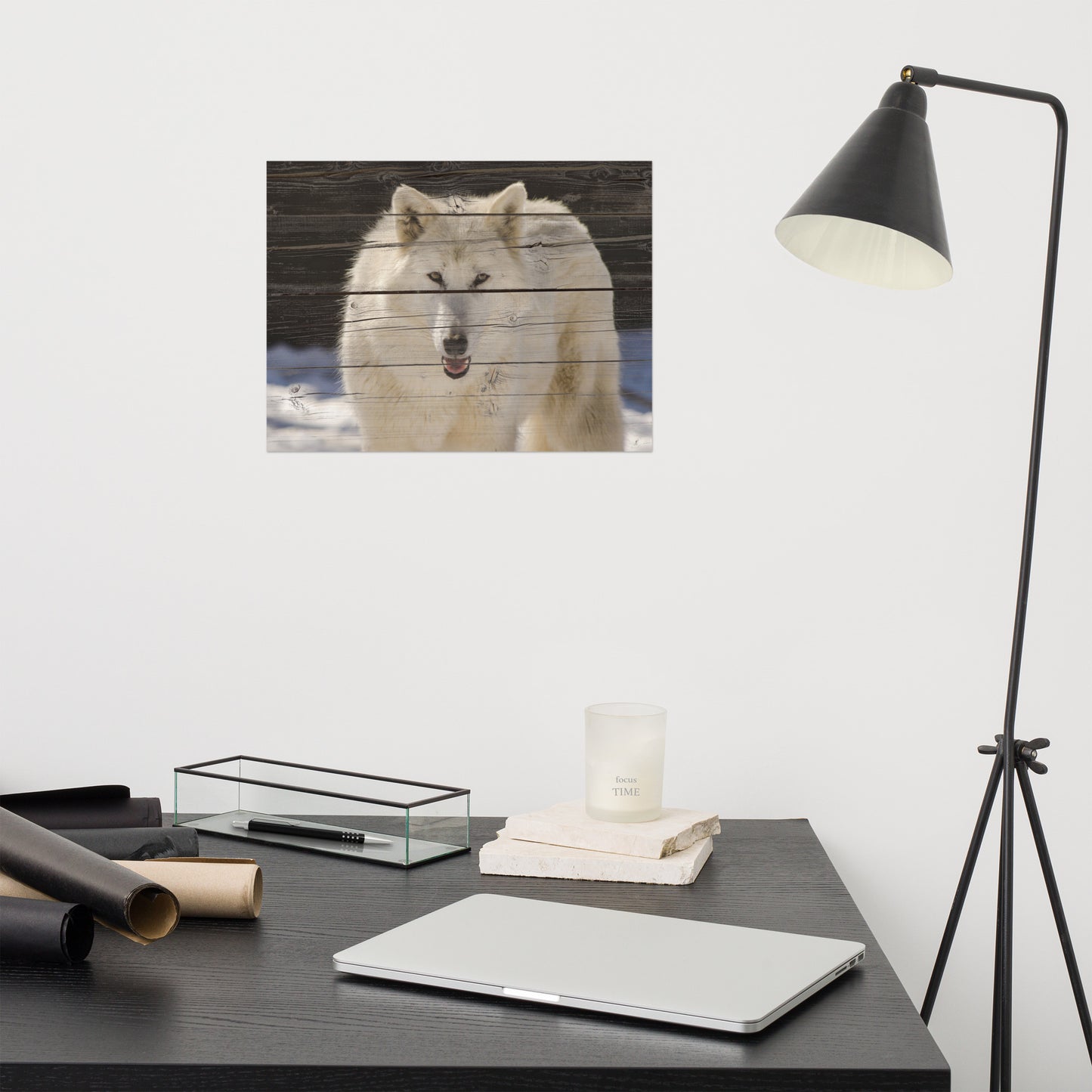 Modern Office Artwork: hite Wolf Portrait on Faux Weathered Wood Texture - Animal / Wildlife / Nature Artwork