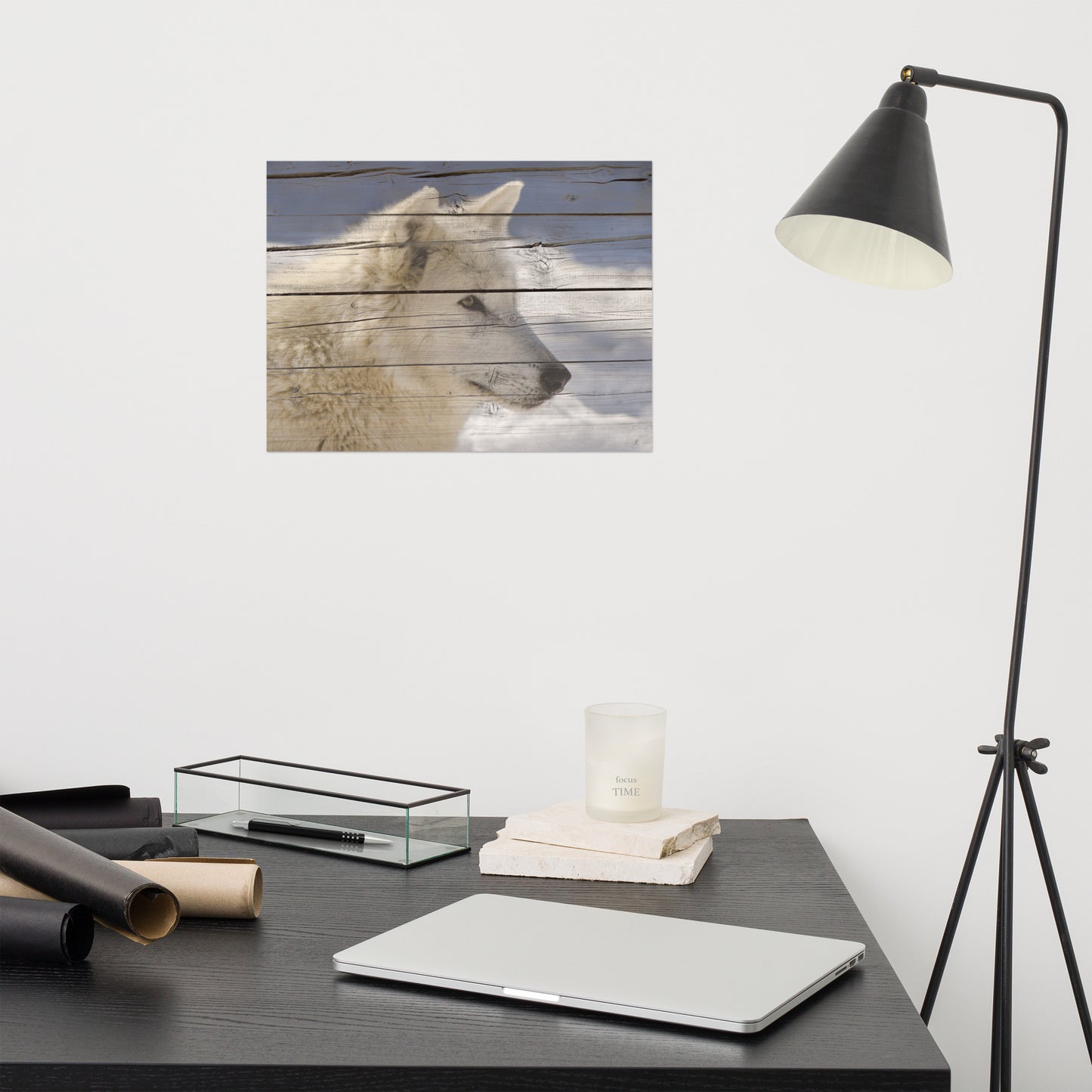 Cute Office Wall Art: Aries the White Wolf Portrait on Faux Weathered Wood Texture - Farmhouse / Country Style / Modern Wildlife / Animal Photographic Artwork