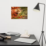 Baby Red Fox Face and Autumn Leaves In Forest Animal Wildlife Nature Photograph Loose Wall Art Print