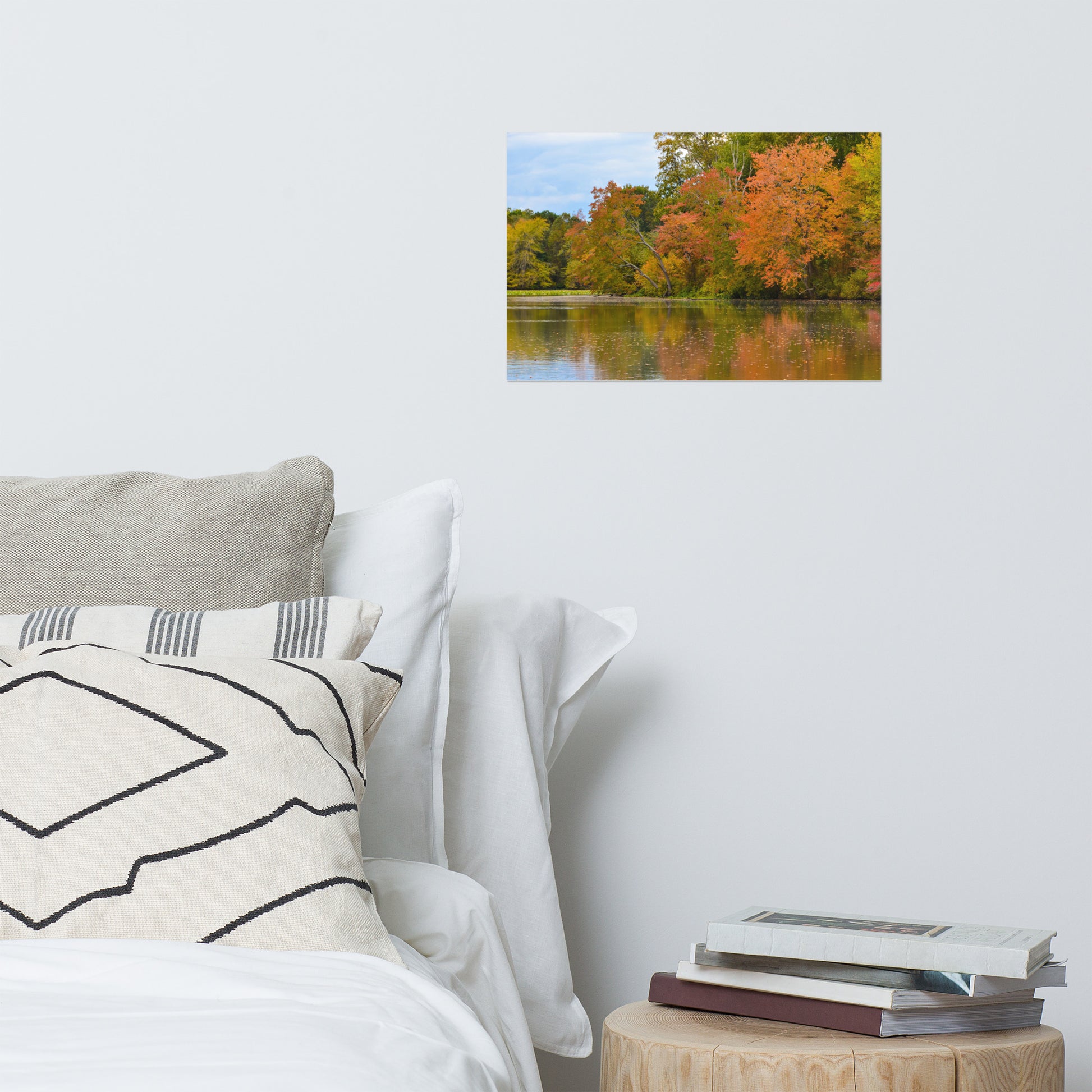 Art Above Bed Headboard: Colorful Trees in Fall Color Edge of Pond - Rural / Country Style Landscape / Nature Loose / Unframed / Frameless / Frameable Photograph Wall Art Print - Artwork