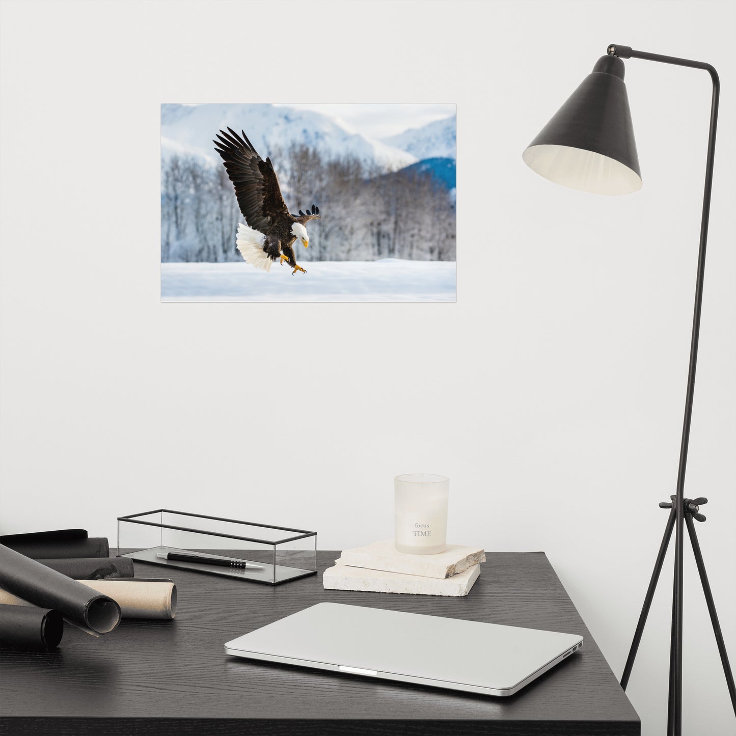 wildlife art prints, Adult Bald Eagle and Alaskan Winter Landscape Animal artwork print