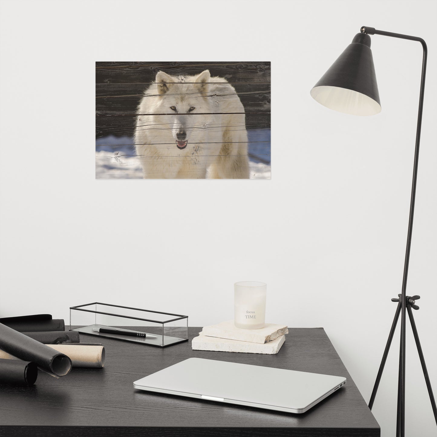 Modern Office Wall Art: hite Wolf Portrait on Faux Weathered Wood Texture - Animal / Wildlife / Nature Artwork