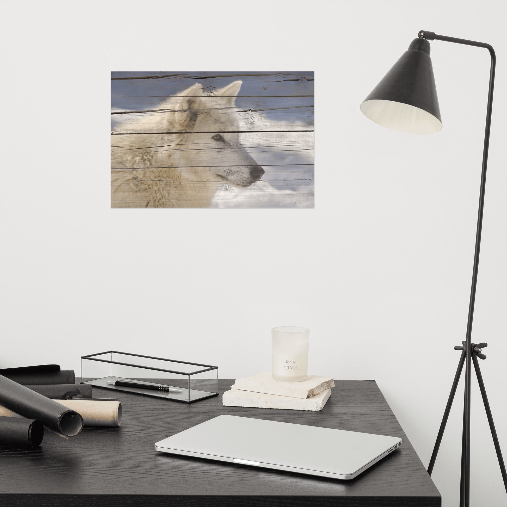 Cute Office Wall Decor: Aries the White Wolf Portrait on Faux Weathered Wood Texture - Farmhouse / Country Style / Modern Wildlife / Animal Photographic Artwork