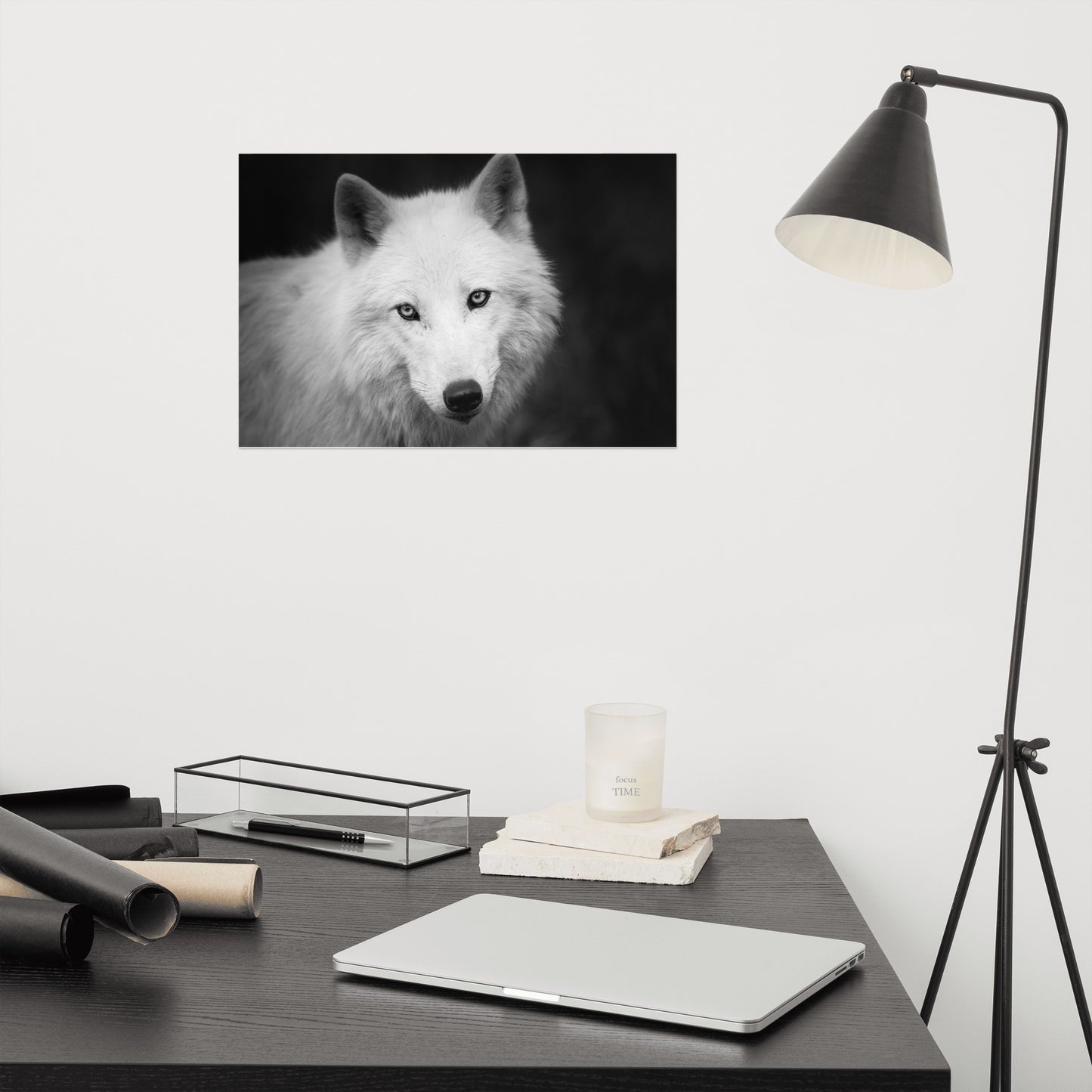 Black and White Portrait of White Wolf In The Forest Loose Wall Art Print