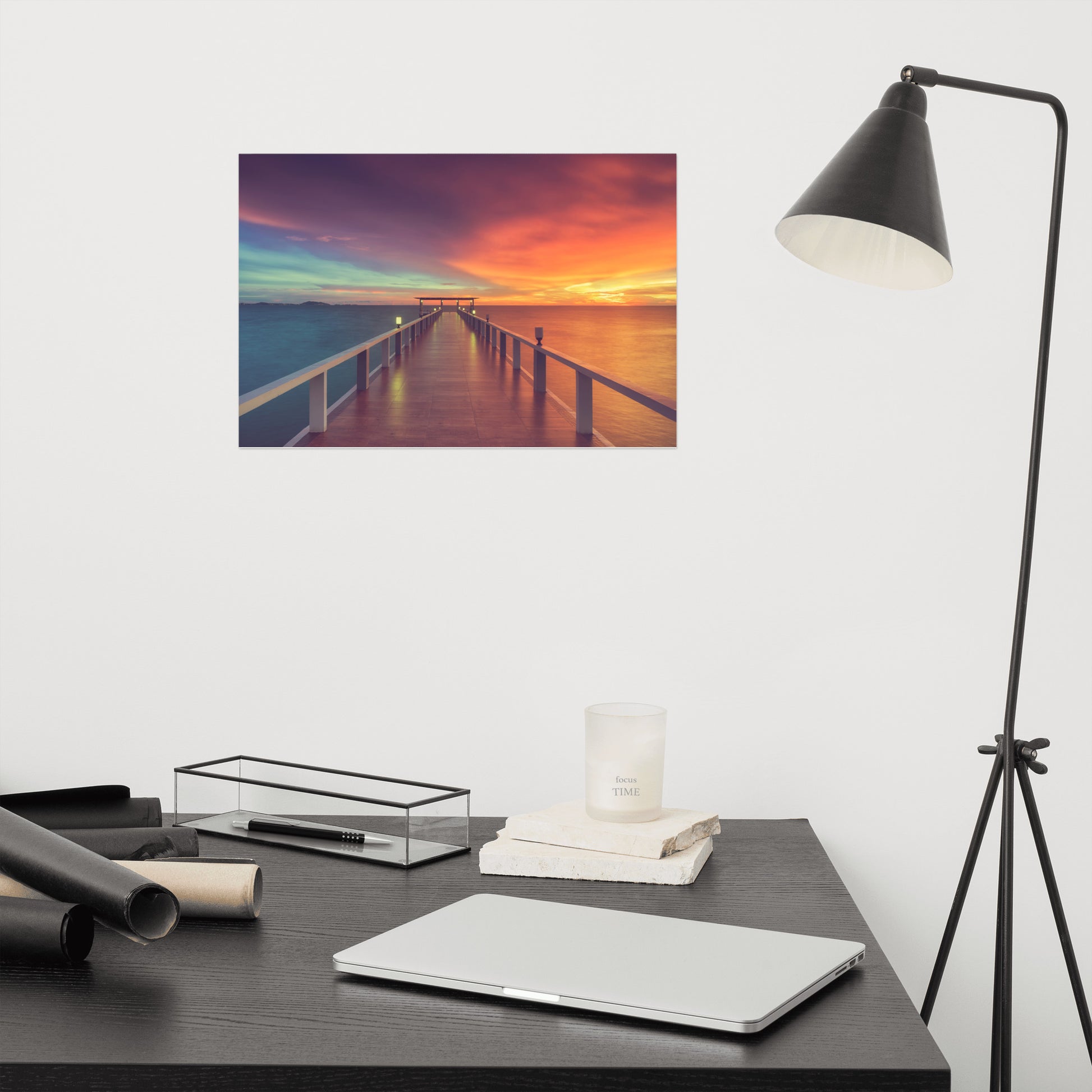 Modern Office Wall Art: Surreal Wooden Pier At Sunset with Intrigued Effect Landscape Photo Loose Wall Art Prints