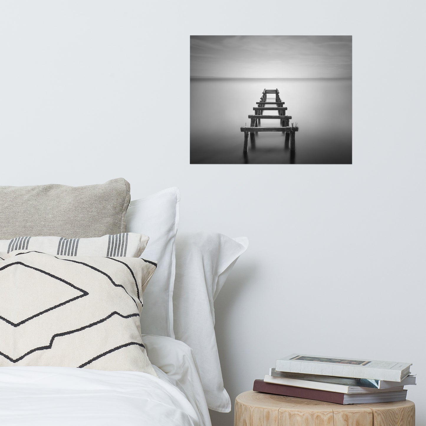 Soft Lake and Abandoned Pier Black and White Landscape Photo Loose Wall Art Prints