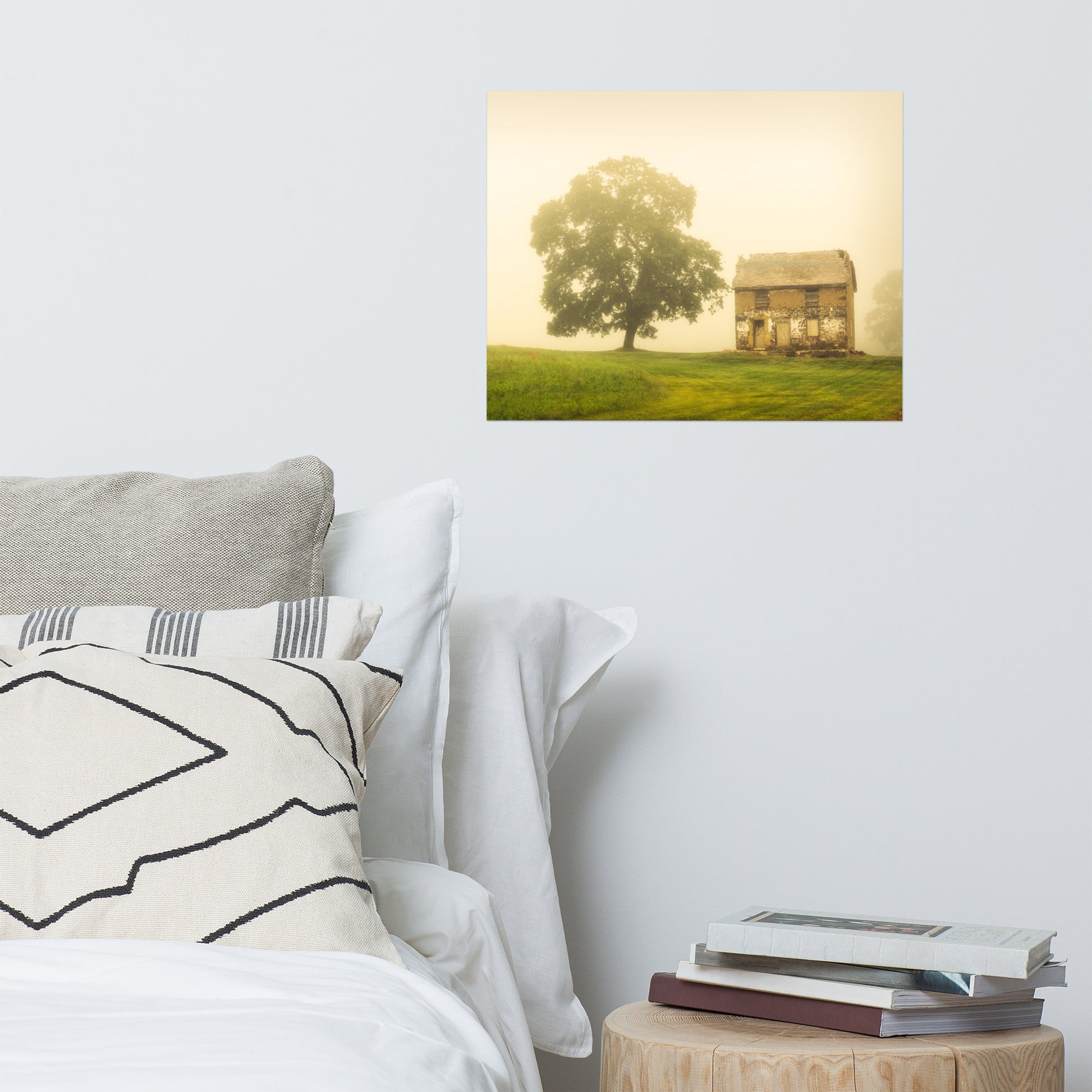 Cabin Bedroom Wall Decor: Old Farmhouse in Foggy Meadow Rustic - Rural / Country Style Landscape / Nature Photograph Loose / Unframed / Frameless / Frameable Wall Art Print - Artwork