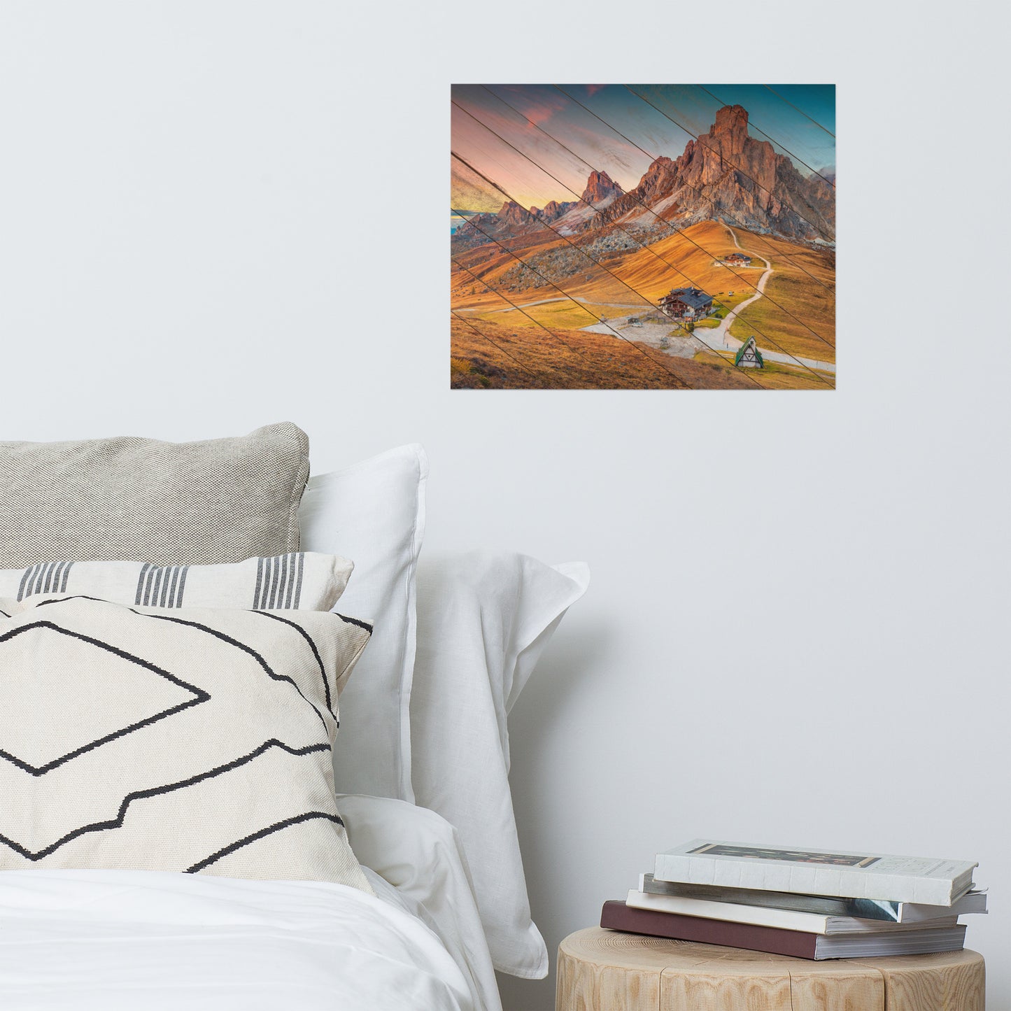 Faux Wood Majestic Sunset and Alpine Mountain Pass Landscape Photo Loose Wall Art Prints