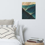 Faux Wood Misty Blue Silhouette Mountain Range Landscape Photo Loose Wall Art Print