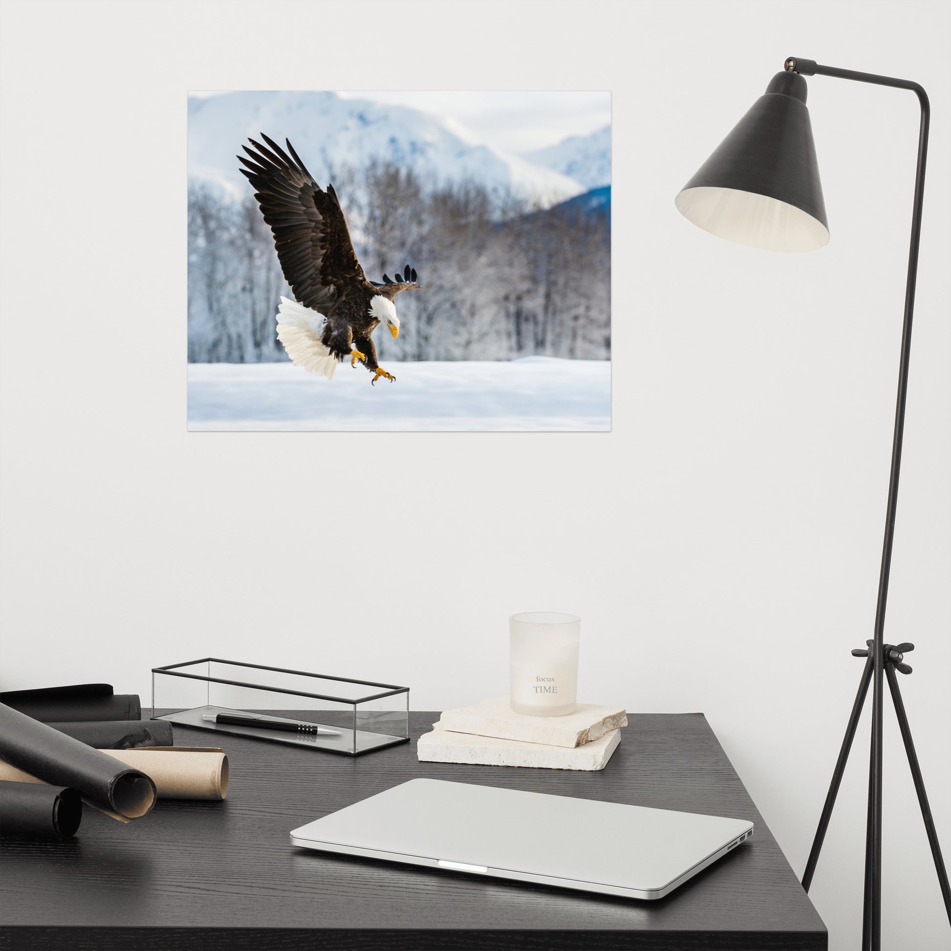 wildlife art prints for sale, Adult Bald Eagle and Alaskan Winter Landscape Animal artwork print