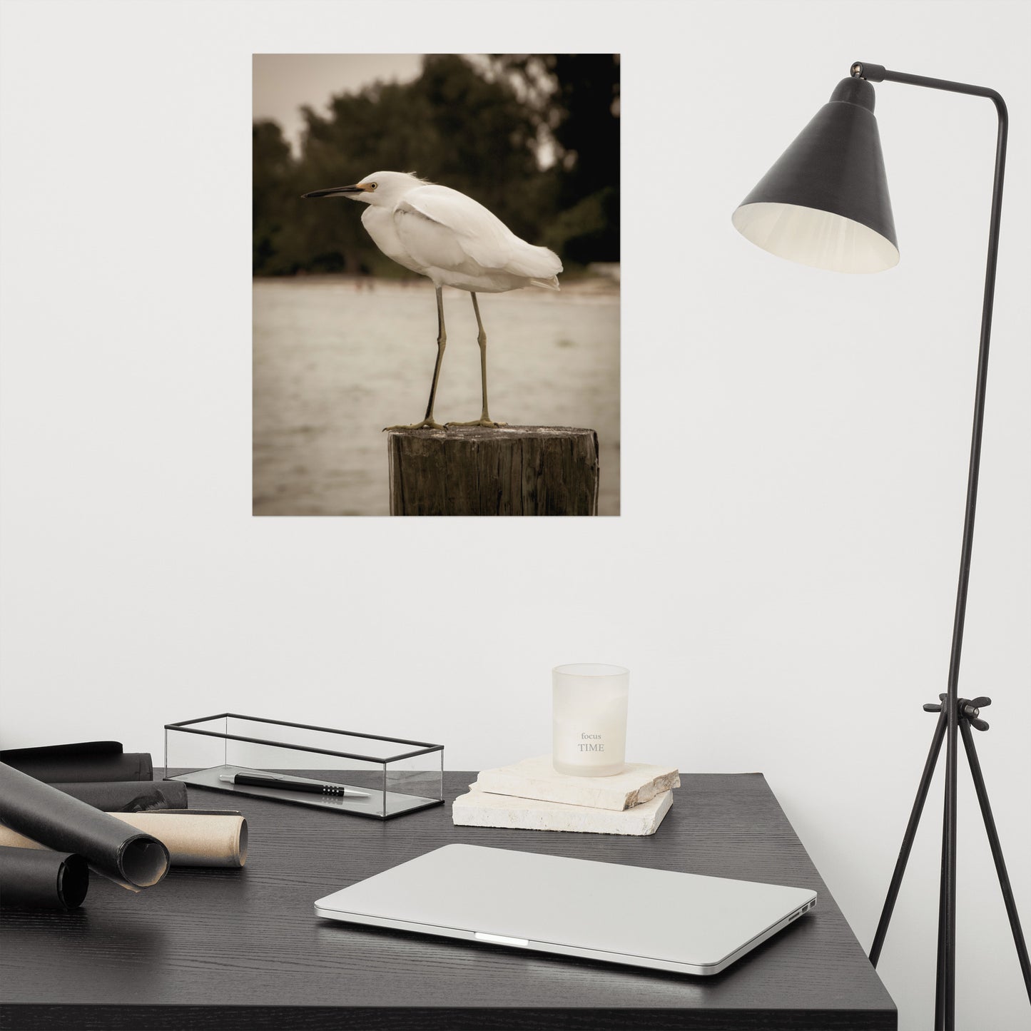 Best Artwork For Home Office: Aged and Colorized Snowy Egret on Pillar Sepia Coastal Bird / Animal / Wildlife / Nature Loose / Unframed / Frameless / Frameable Wall Art Print - Artwork