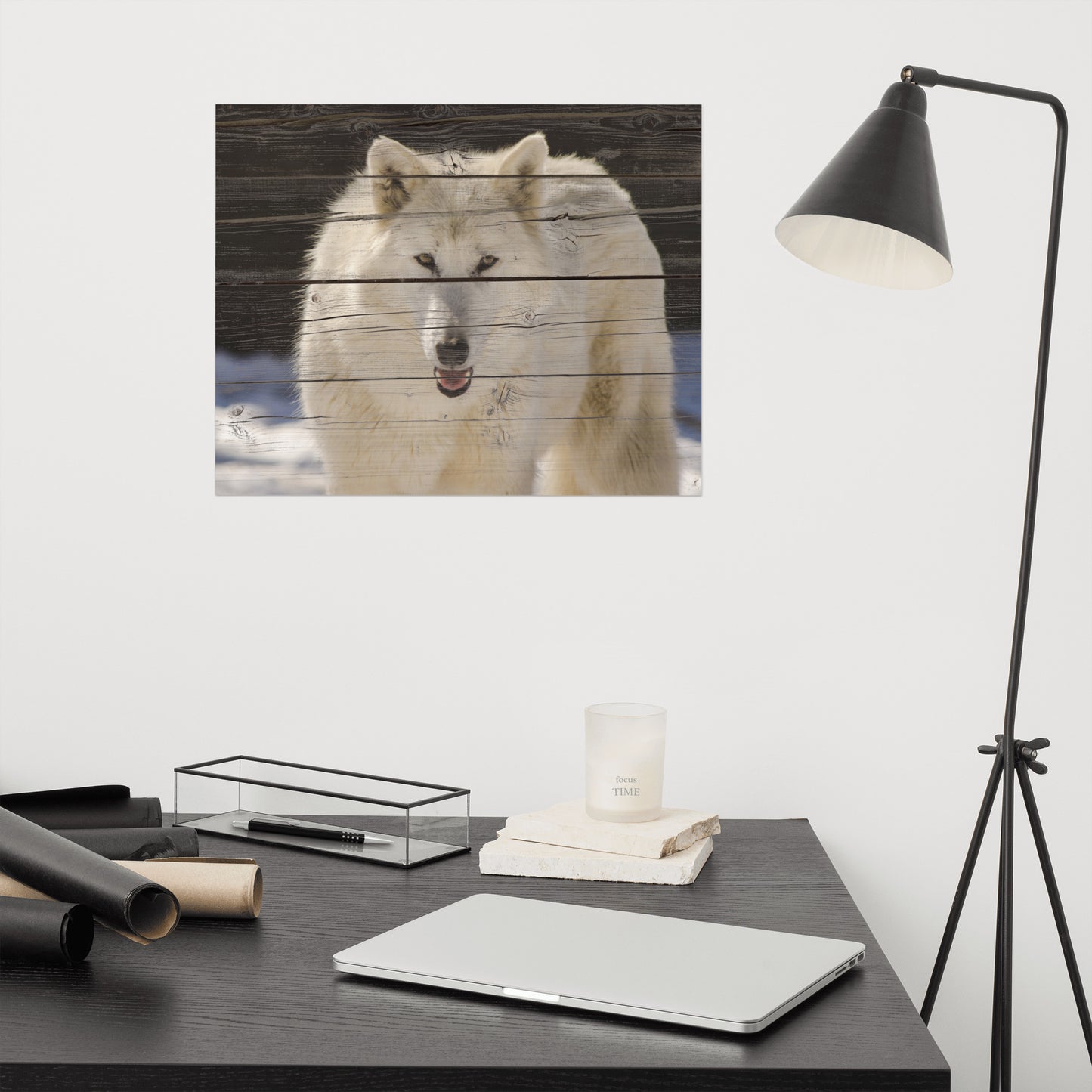 Modern Office Wall Decor: hite Wolf Portrait on Faux Weathered Wood Texture - Animal / Wildlife / Nature Artwork