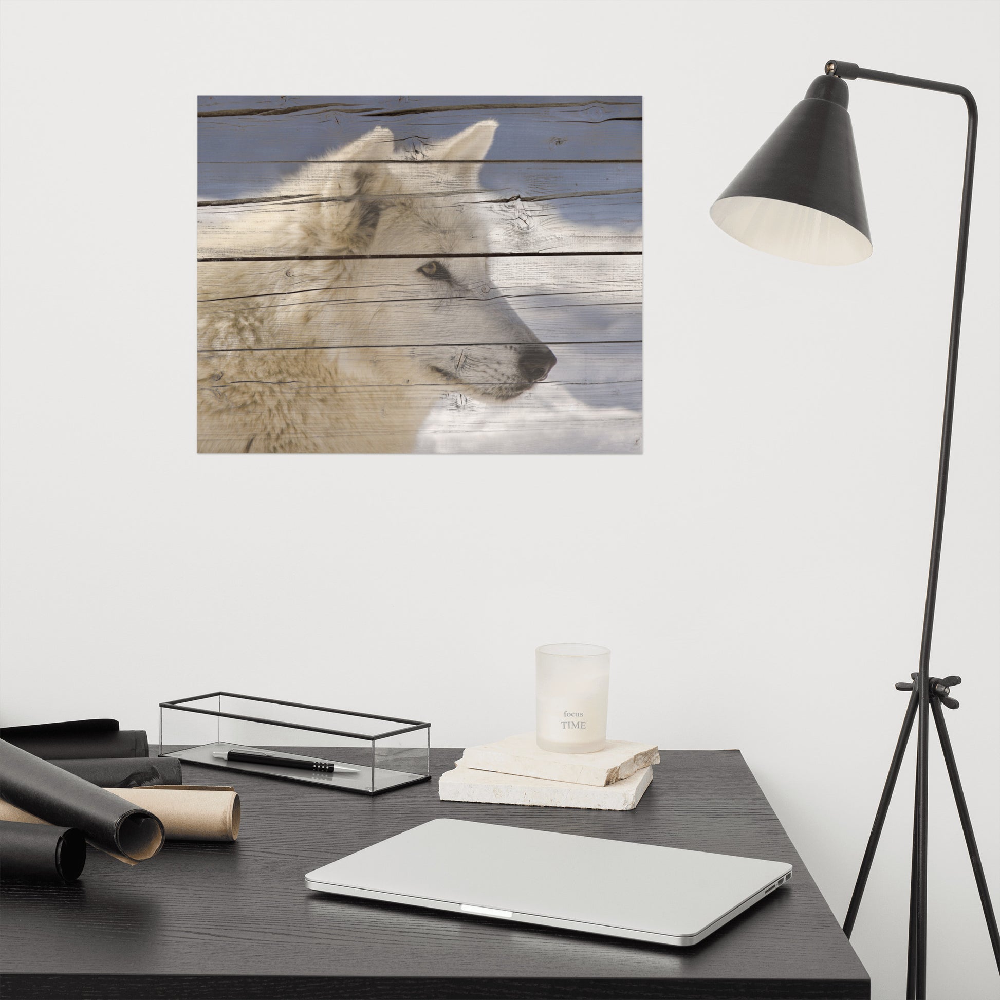 Rustic Office Wall Decor: Aries the White Wolf Portrait on Faux Weathered Wood Texture - Farmhouse / Country Style / Modern Wildlife / Animal Photographic Artwork