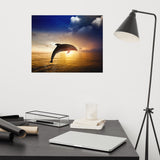 Dramatic Coastal Sunset On The Water With Jumping Bottle Noise Dolphin Animal Wildlife Photograph Loose Wall Art Print