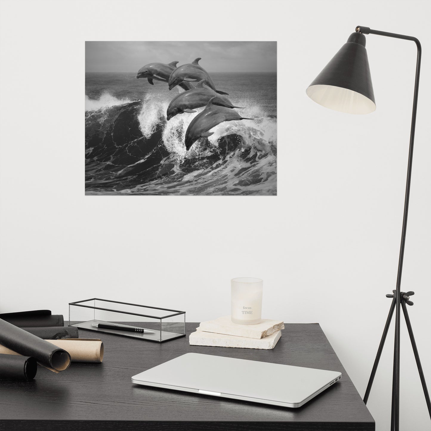 Four Bottle Noise Dolphins Jumping Waves In Tropical Ocean Black and White Animal Wildlife Photograph Loose Wall Art Print