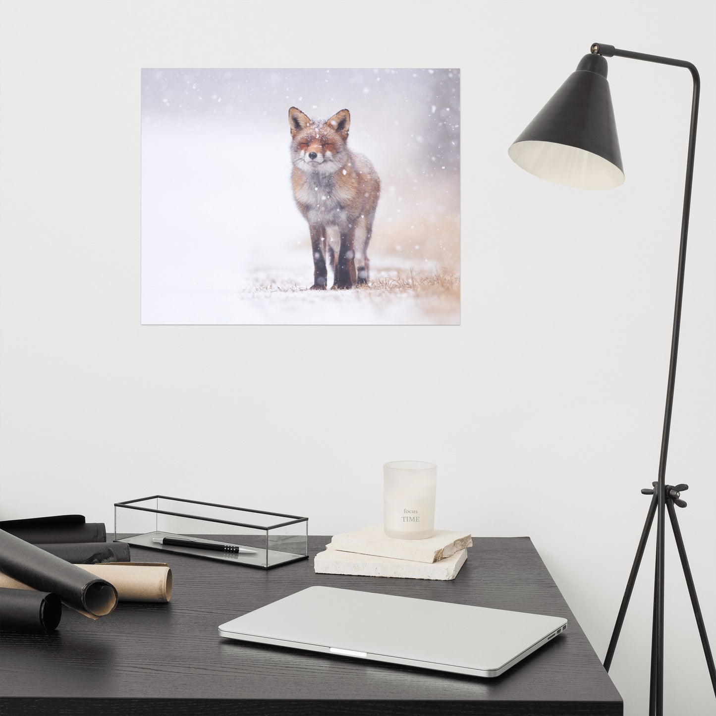 Happy Smiling Red Fox In The Snow Rustic Farmhouse Style Animal Wildlife Nature Photograph Loose Wall Art Print