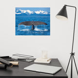 Sperm Whale Tall Splashing In Blue Water With Mountains Of Norway Loose Wall Art Print