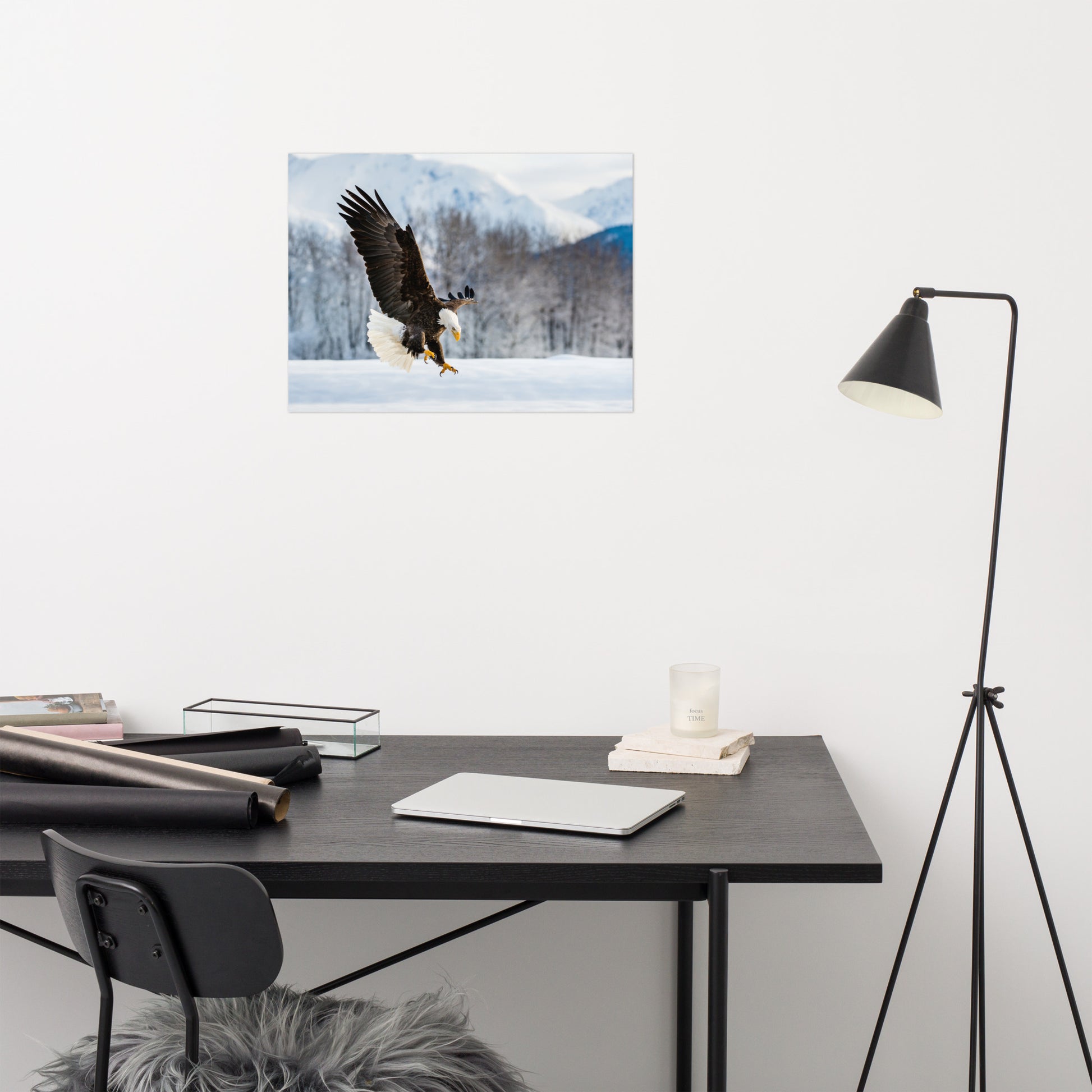 wildlife pictures for living room, Adult Bald Eagle and Alaskan Winter Landscape Animal artwork print