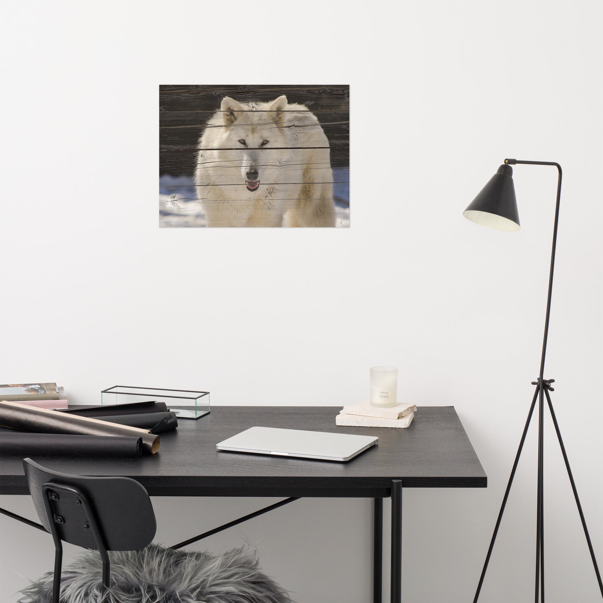 Office Wall Decor Modern: hite Wolf Portrait on Faux Weathered Wood Texture - Animal / Wildlife / Nature Artwork