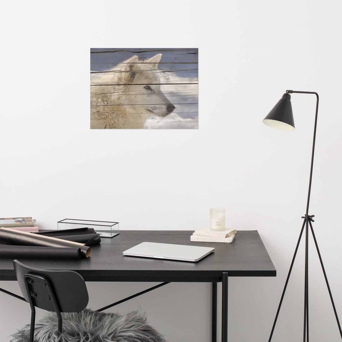 Rustic Wall Decor For Office: Aries the White Wolf Portrait on Faux Weathered Wood Texture - Farmhouse / Country Style / Modern Wildlife / Animal Photographic Artwork