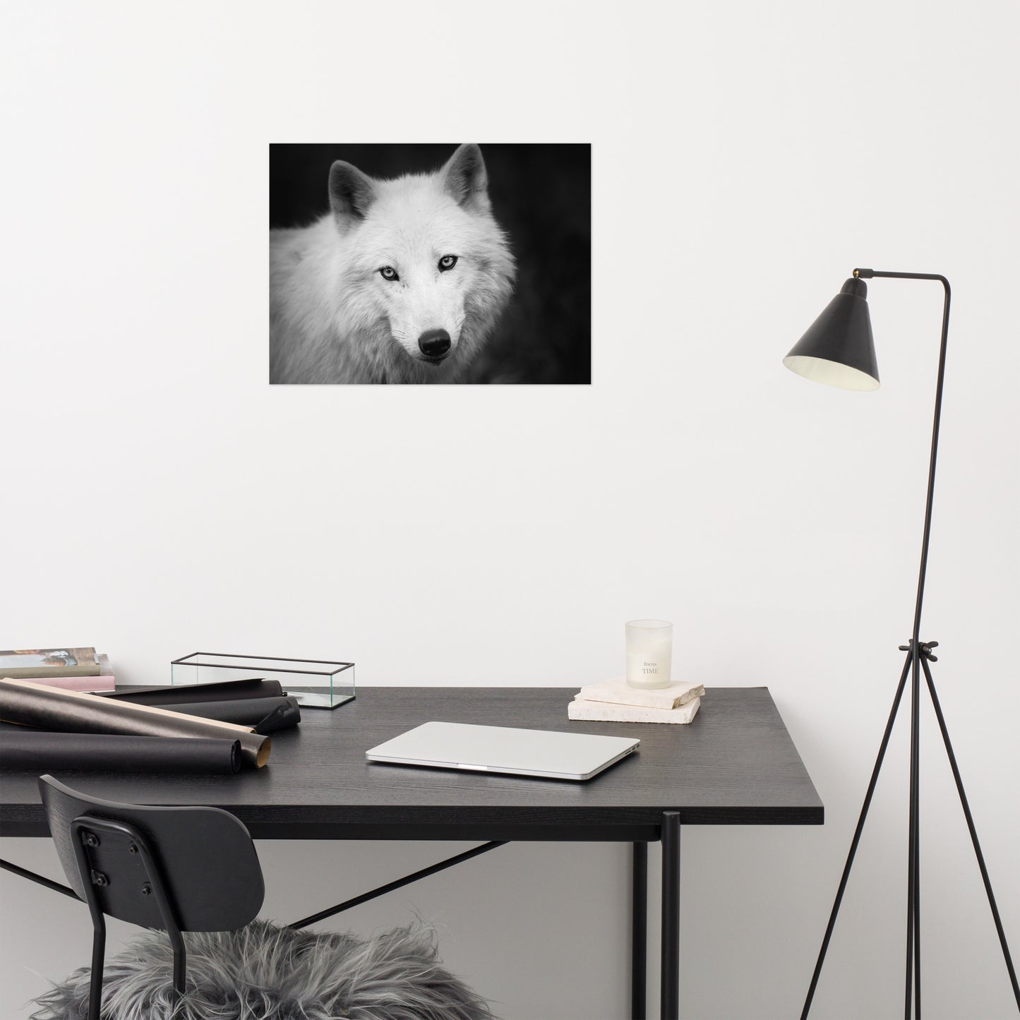 Black and White Portrait of White Wolf In The Forest Loose Wall Art Print