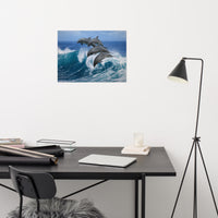 Four Bottle Noise Dolphins Jumping Waves In Tropical Blue Ocean Animal Wildlife Photograph Loose Wall Art Print
