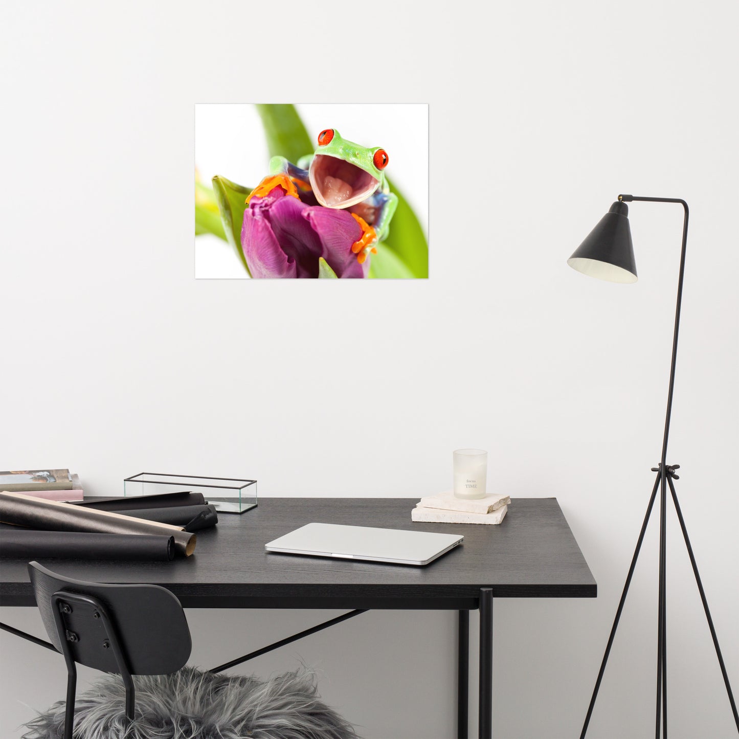 Happy Red Eyed Tree Frog Sitting on Purple Tulip Flower Bloom Wildlife Nature Photo Loose Wall Art Print