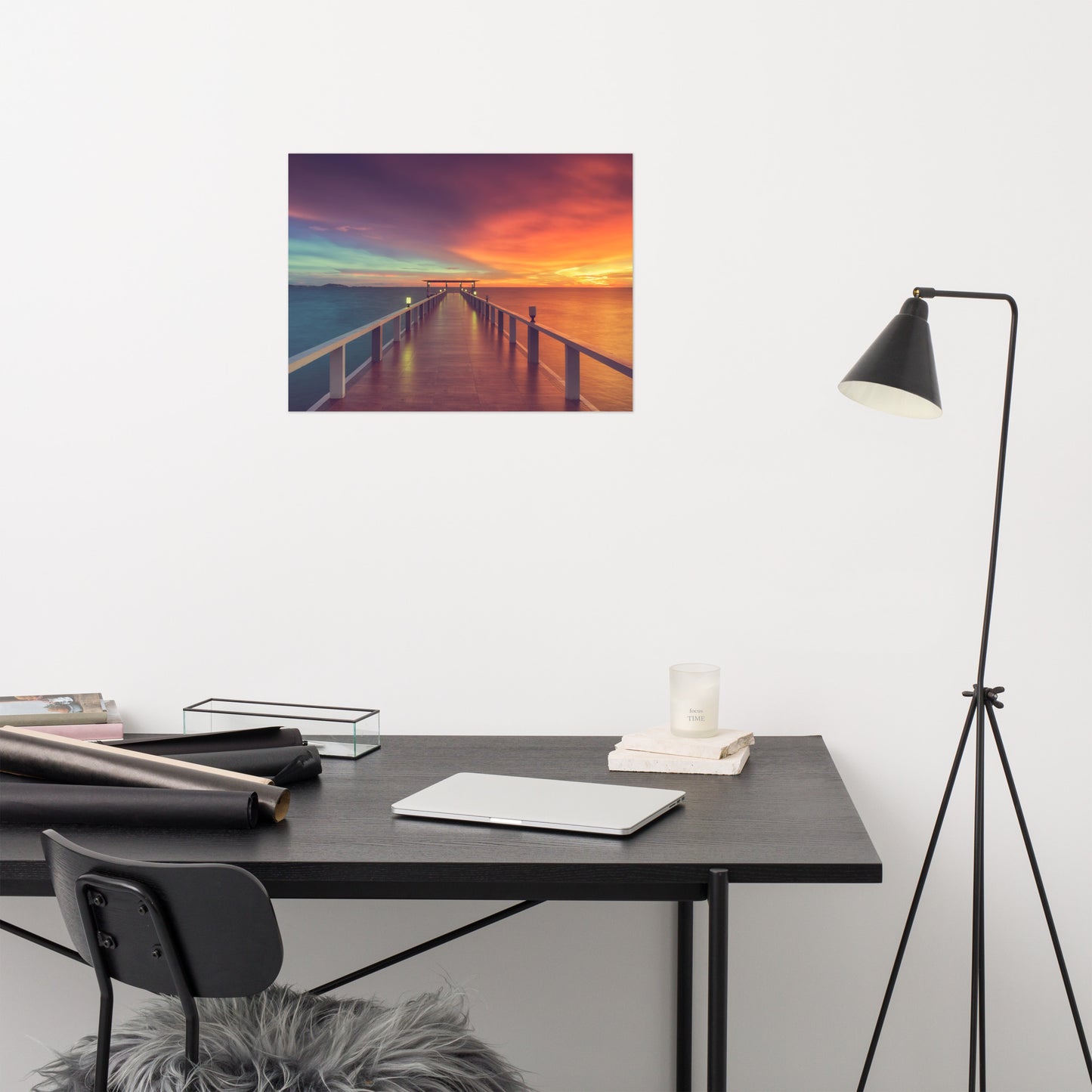 Modern Office Art Prints: Surreal Wooden Pier At Sunset with Intrigued Effect Landscape Photo Loose Wall Art Prints