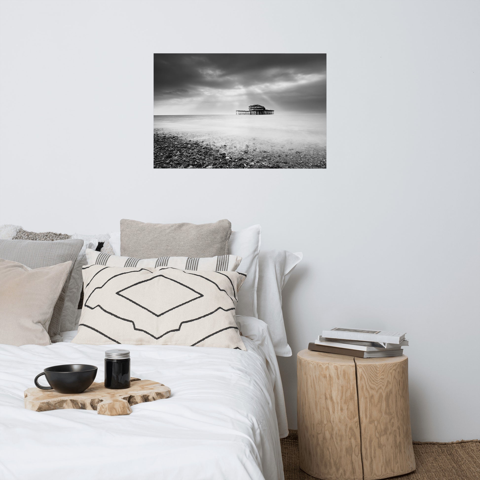 Beach Posters For Wall: Abandoned West Pier Coastal Seascape Black and White Landscape Photo Loose Wall Art Prints