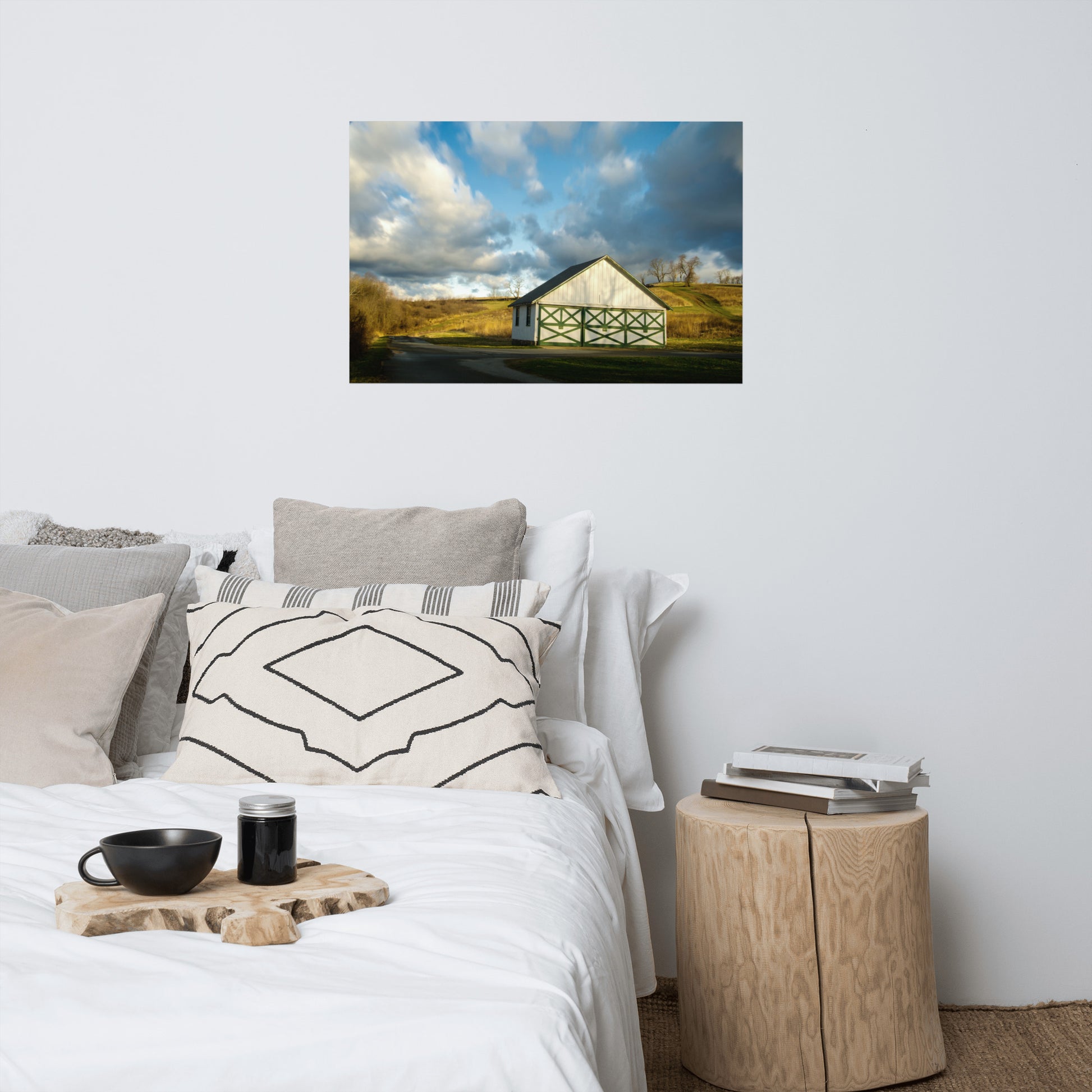 Neutral Bedroom Art: White and Green Barn in Meadow Rustic - Rural / Country Style Landscape / Nature Photograph Loose / Unframed / Frameable / Frameless Wall Art Print - Artwork