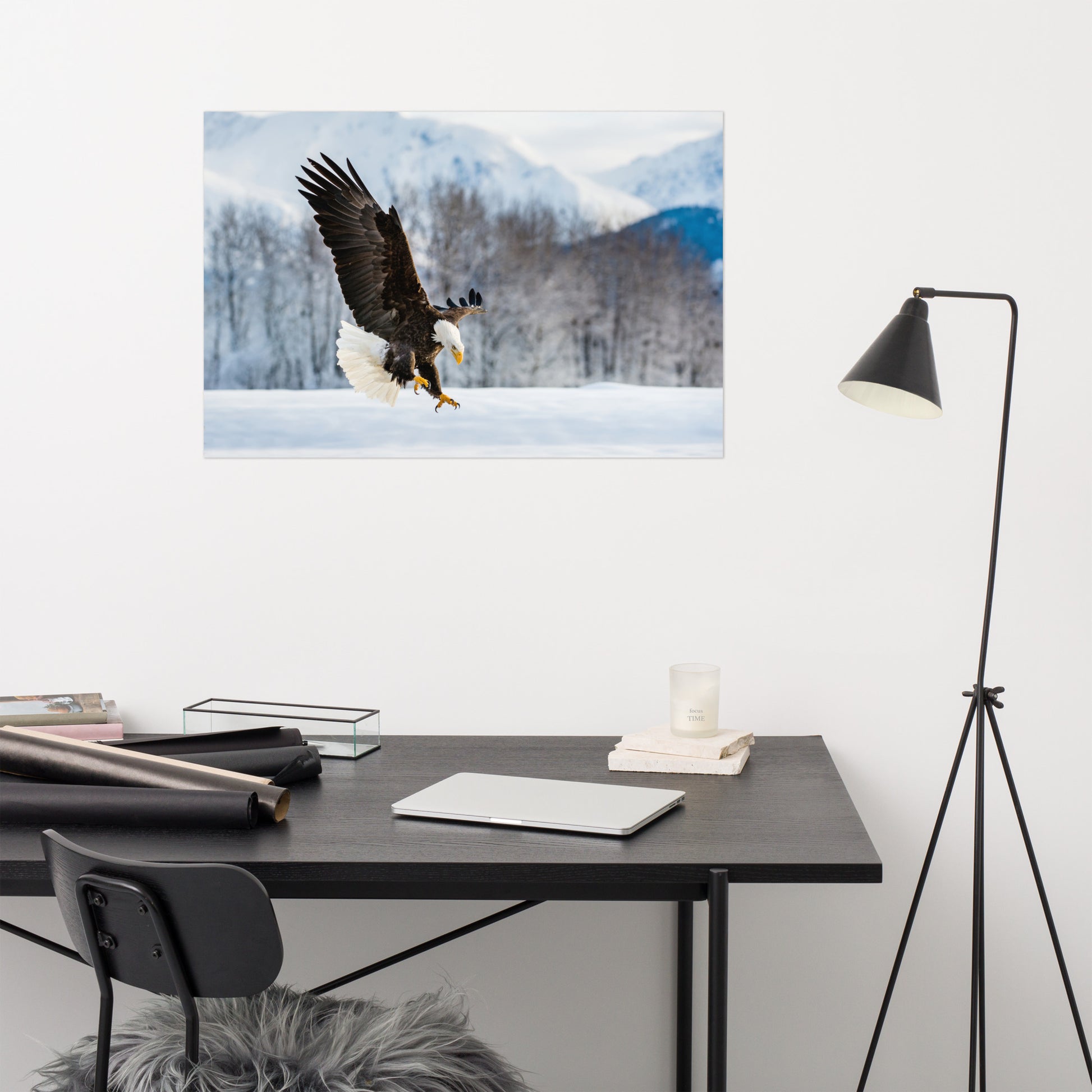 wildlife wall art, Adult Bald Eagle and Alaskan Winter Landscape Animal artwork print