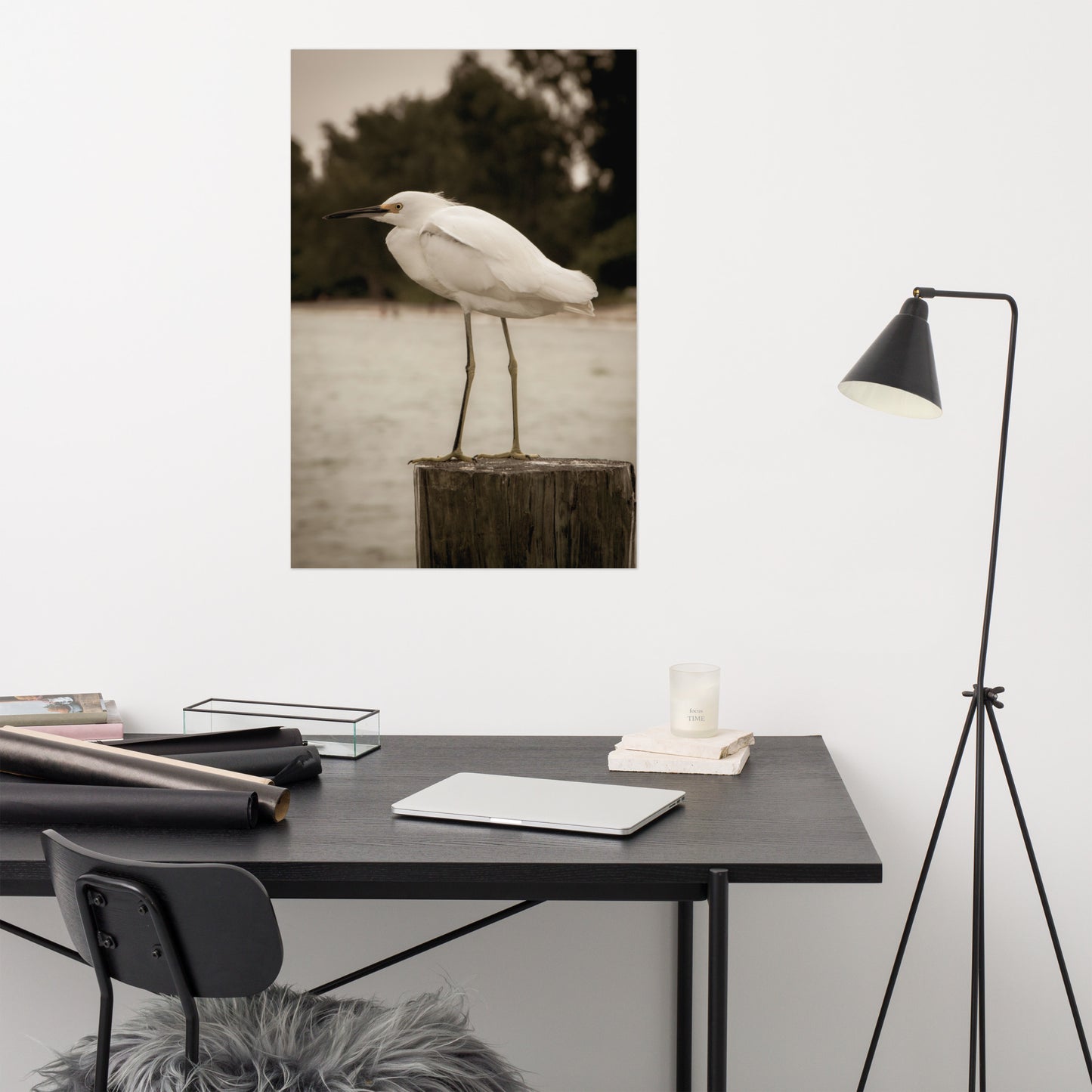 Best Office Artwork: Aged and Colorized Snowy Egret on Pillar Sepia Coastal Bird / Animal / Wildlife / Nature Loose / Unframed / Frameless / Frameable Wall Art Print - Artwork
