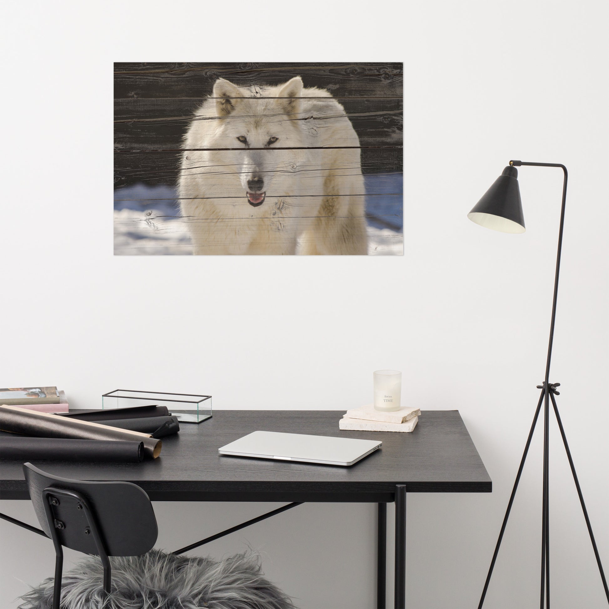 Colorful Office Wall Art: hite Wolf Portrait on Faux Weathered Wood Texture - Animal / Wildlife / Nature Artwork