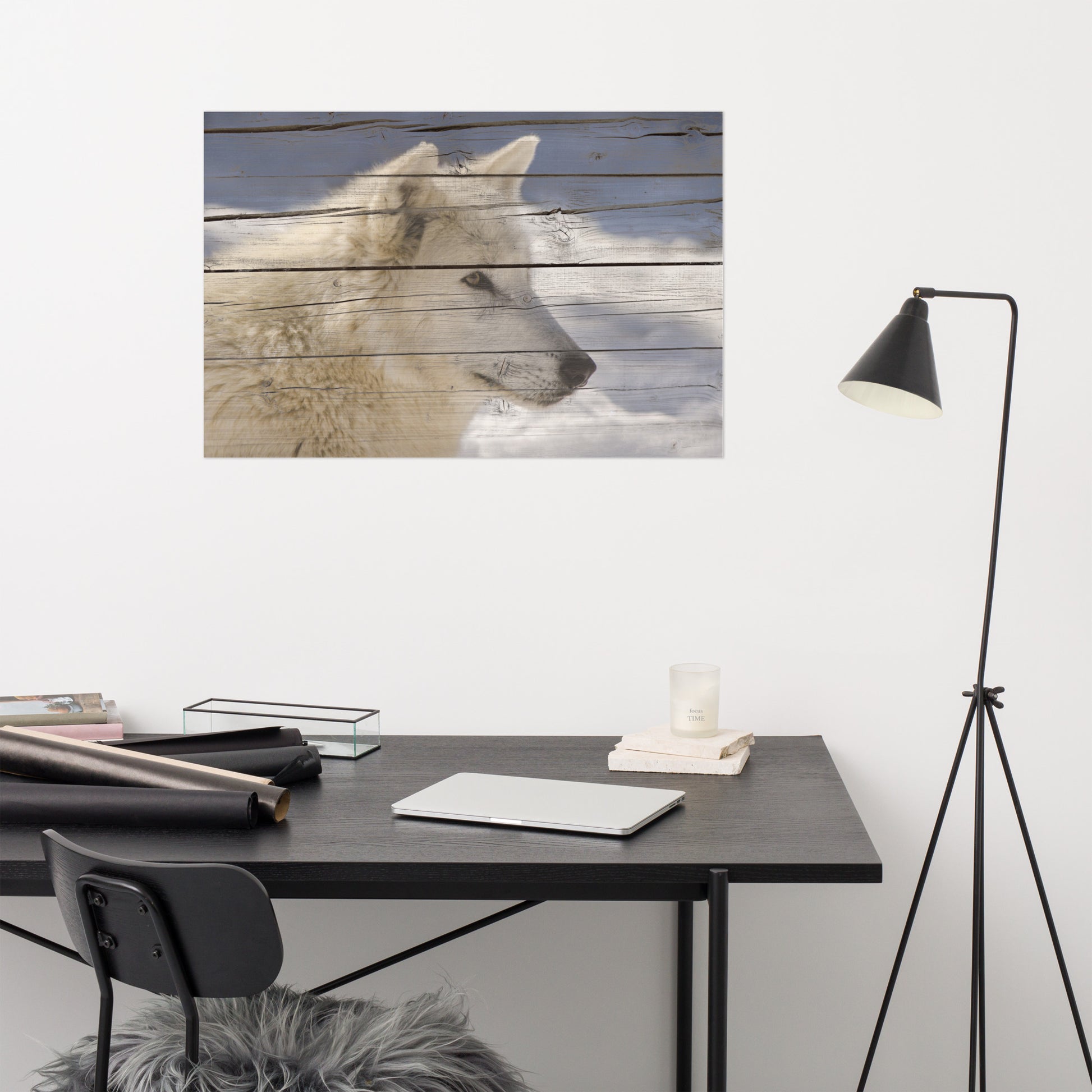 Quality Wall Art: Aries the White Wolf Portrait on Faux Weathered Wood Texture - Farmhouse / Country Style / Modern Wildlife / Animal Photographic Artwork
