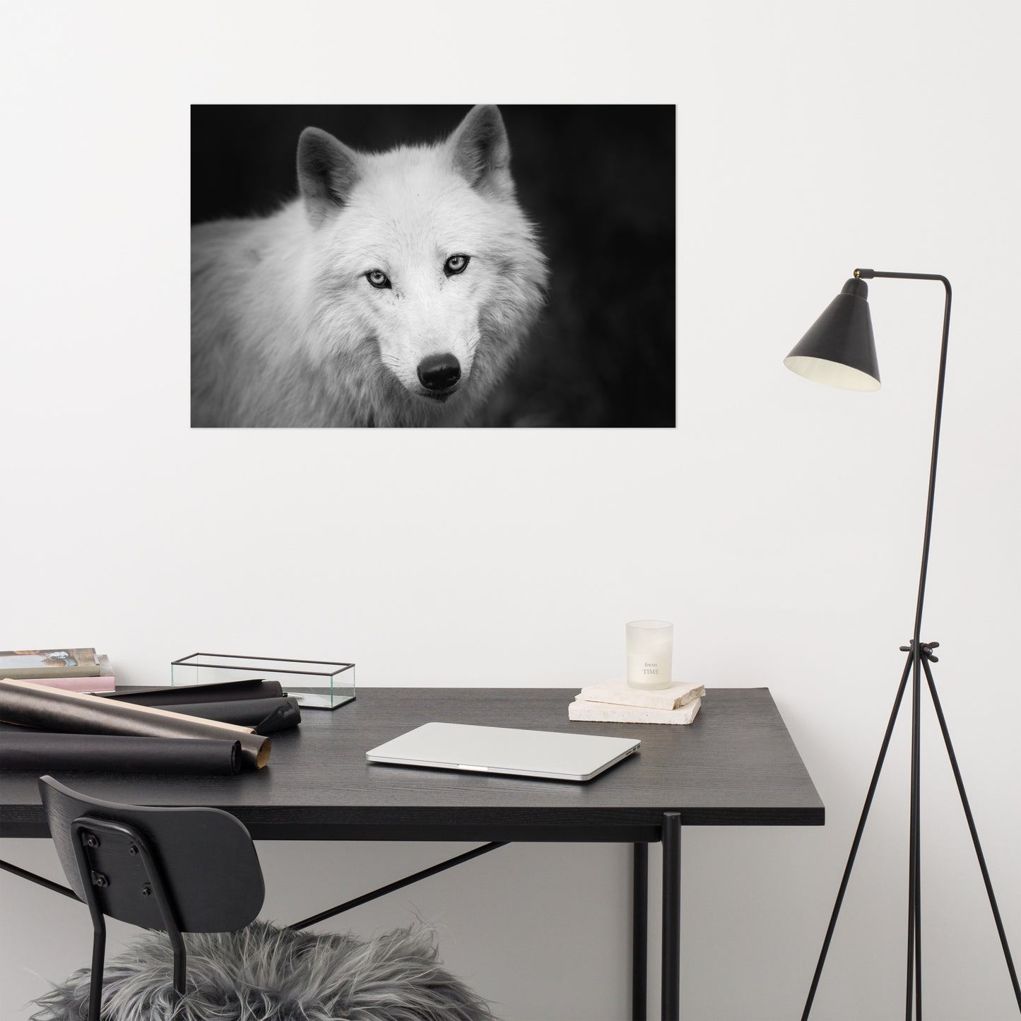 Black and White Portrait of White Wolf In The Forest Loose Wall Art Print