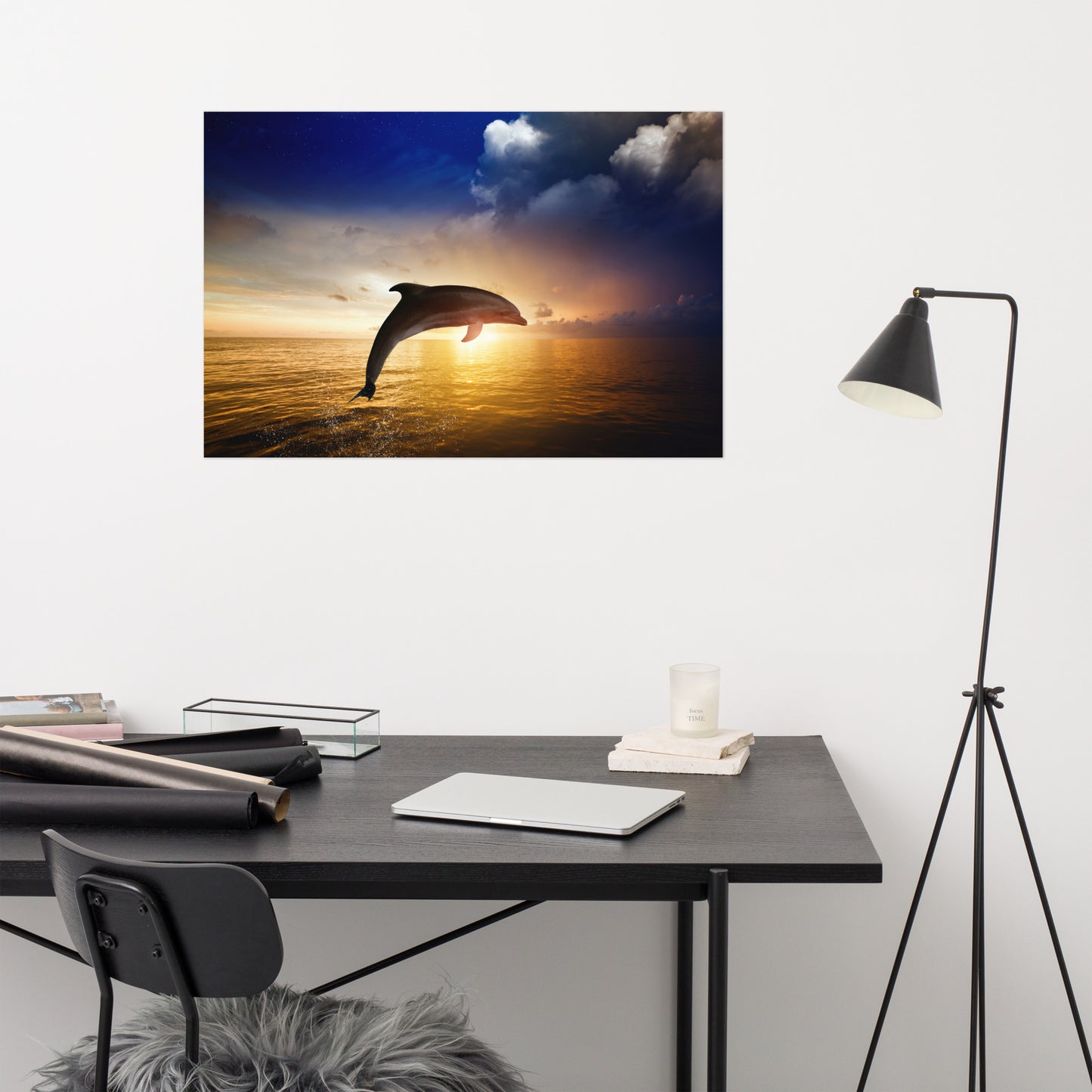 Dramatic Coastal Sunset On The Water With Jumping Bottle Noise Dolphin Animal Wildlife Photograph Loose Wall Art Print