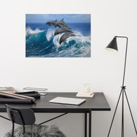 Four Bottle Noise Dolphins Jumping Waves In Tropical Blue Ocean Animal Wildlife Photograph Loose Wall Art Print