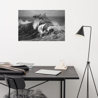 Four Bottle Noise Dolphins Jumping Waves In Tropical Ocean Black and White Animal Wildlife Photograph Loose Wall Art Print