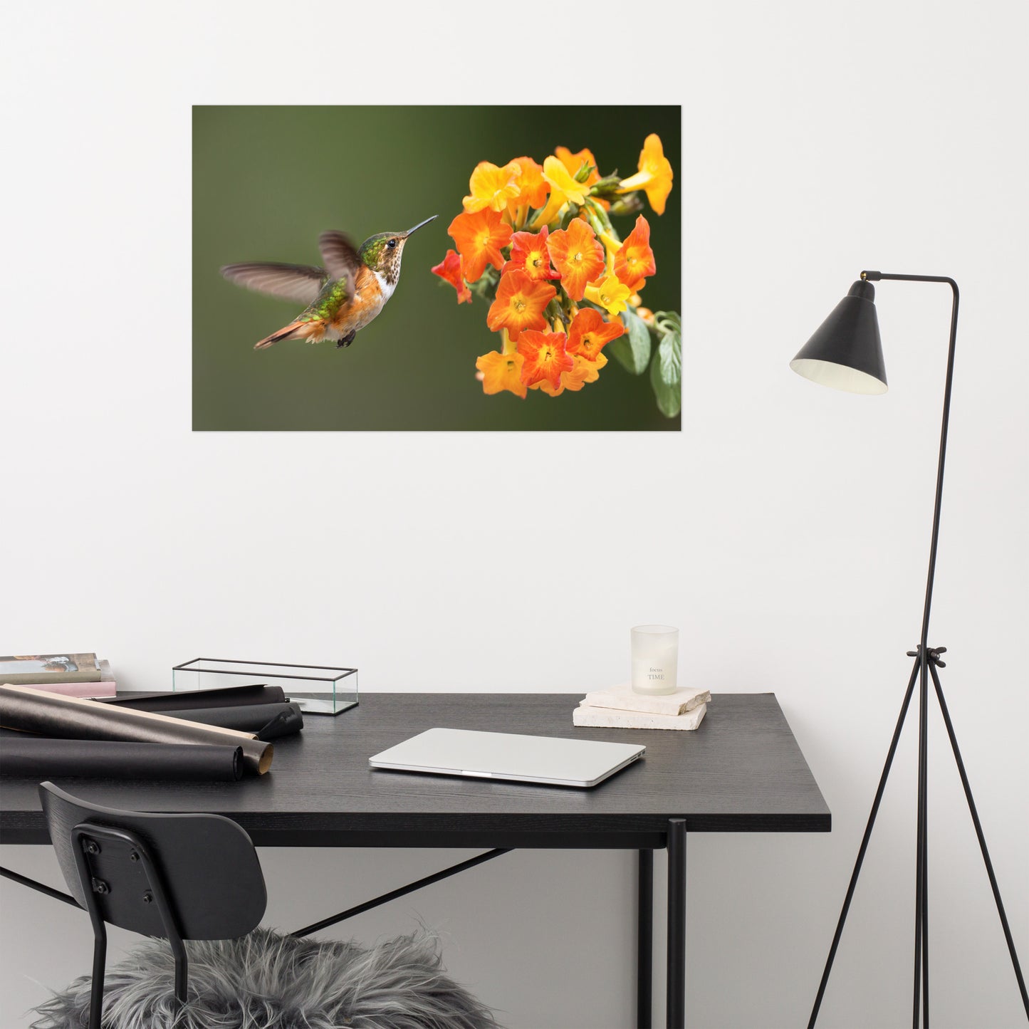 Hummingbird with Little Yellow-Orange Flowers Loose Wall Art Print